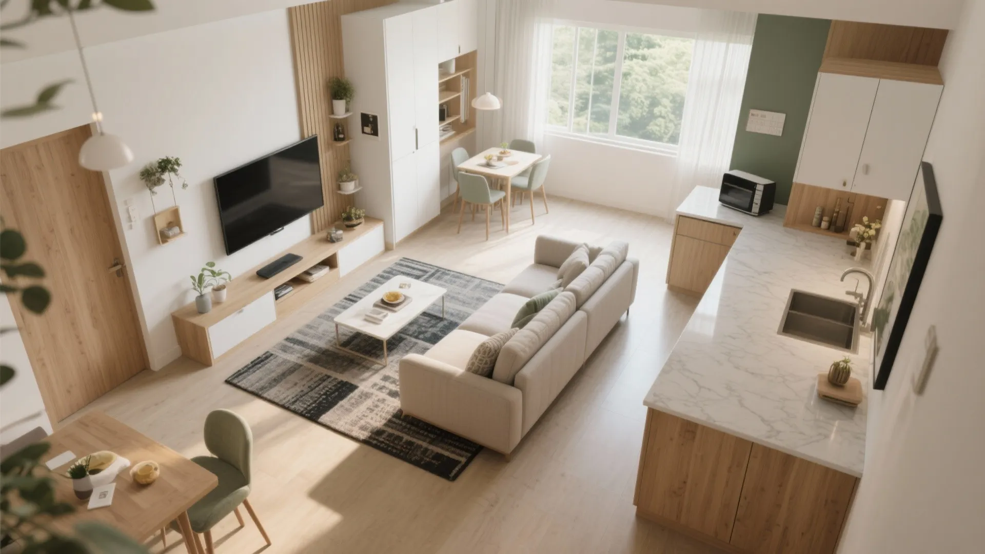 Smart L-shaped zones for living–dining–kitchen