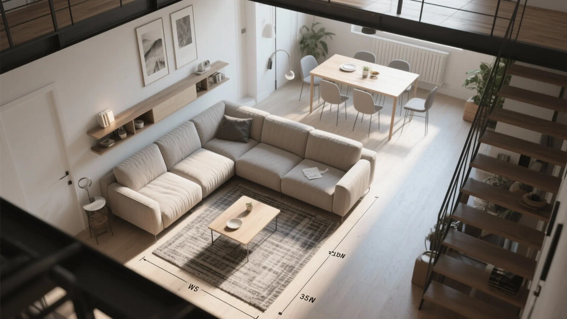 Open-plan L-shaped zoning with a narrow console table