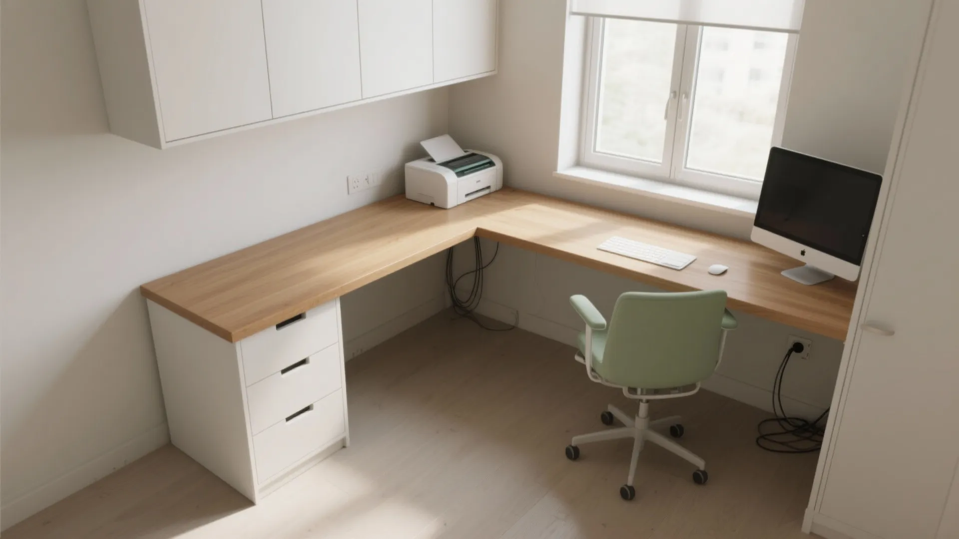 L-shaped wooden desk in white room with green chair computer printer window and white cabinets