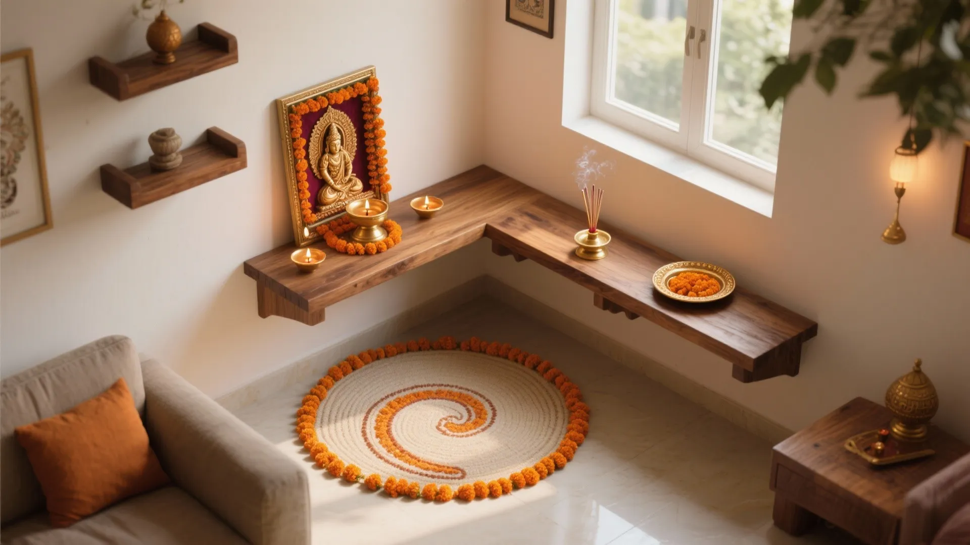 Corner-Friendly L-Shaped Pooja Setup