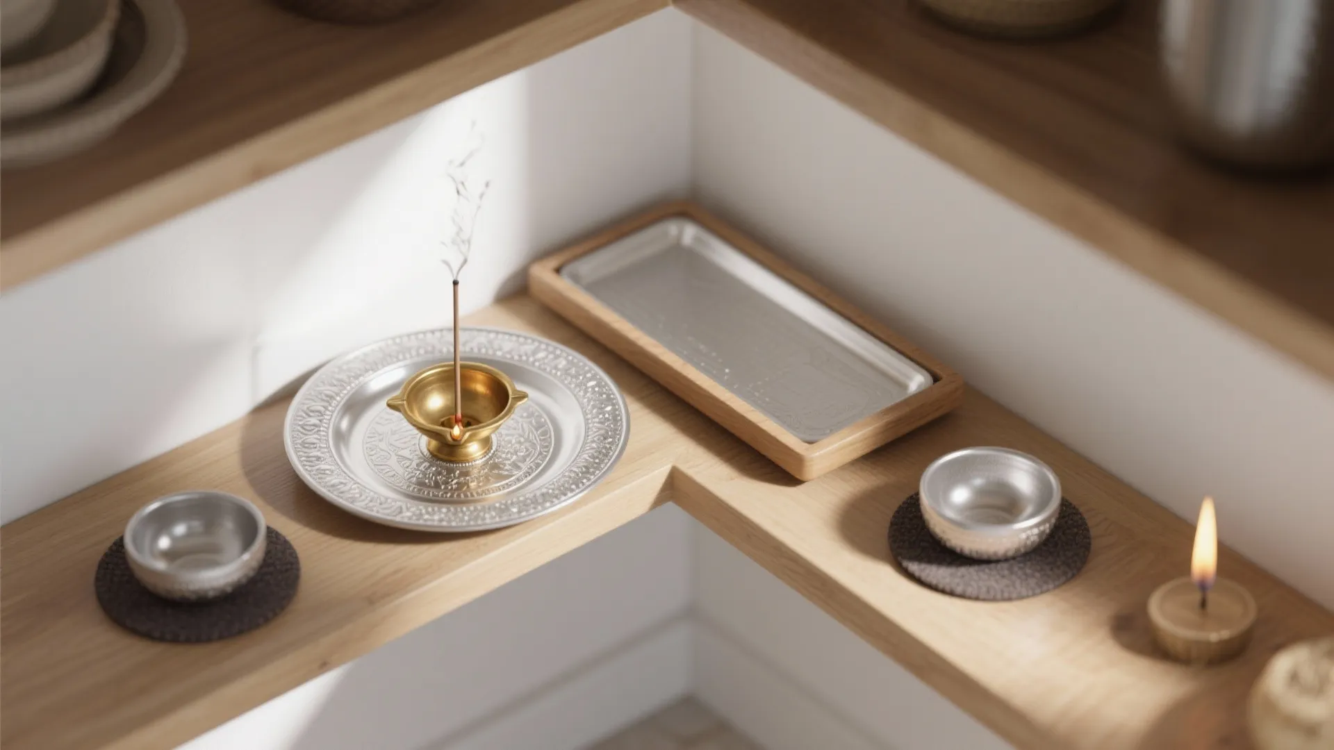 Top-down view of an L-shaped silver pooja tray set in a corner mandir, clear reach around the brass diya.