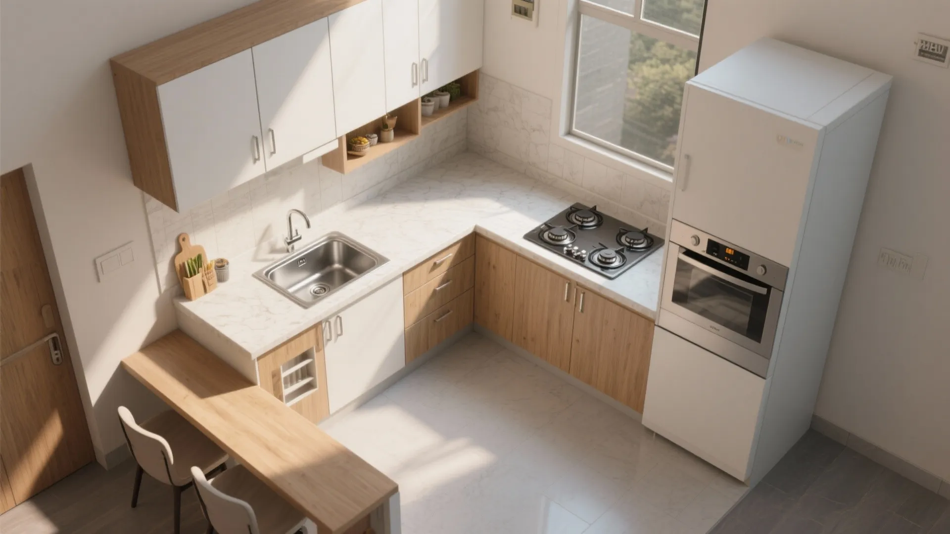L-shaped kitchen that frees countertop depth