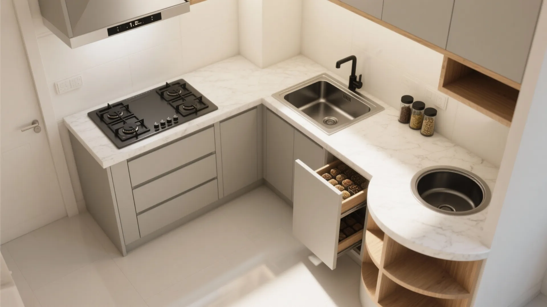 Small L-shaped kitchen layout with marble countertop gas stove sink and wooden storage shelf design