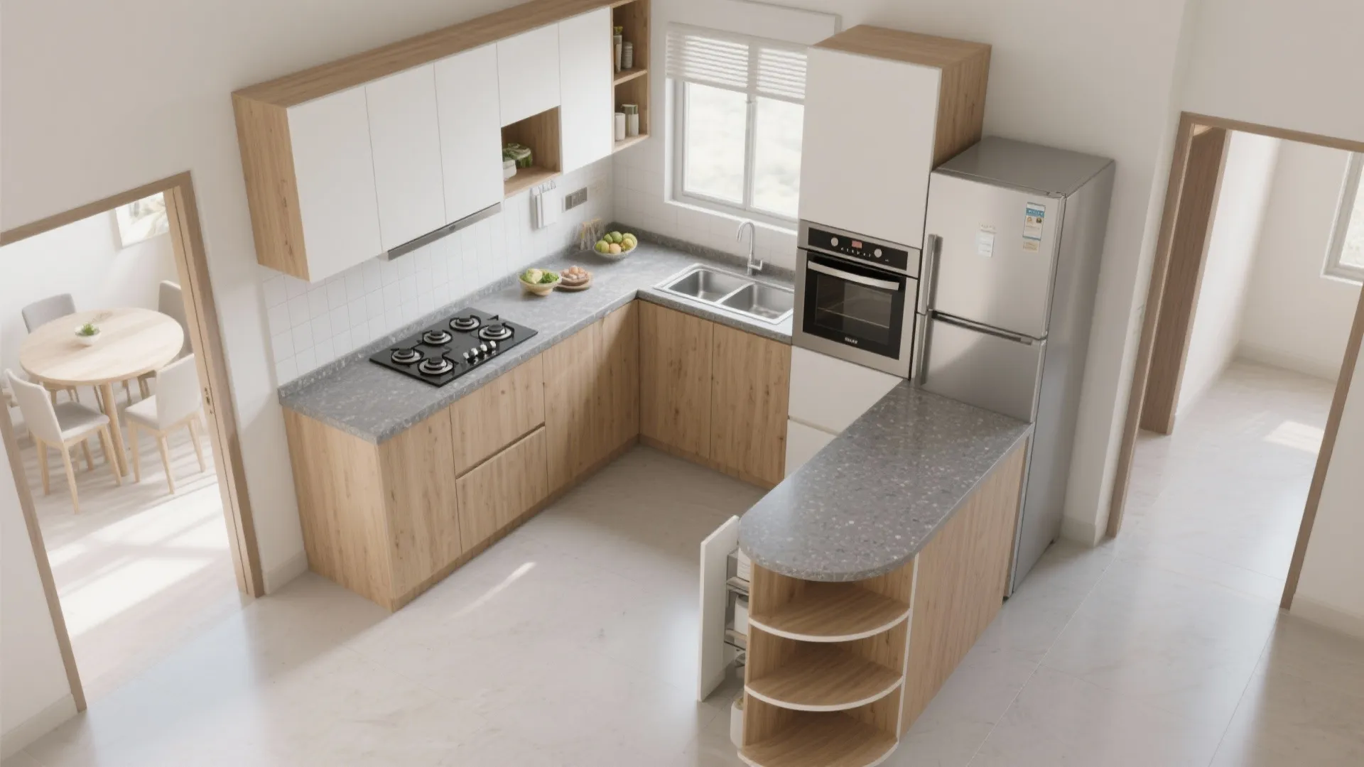 An L-shaped kitchen tailored to your 2 BHK floor plan