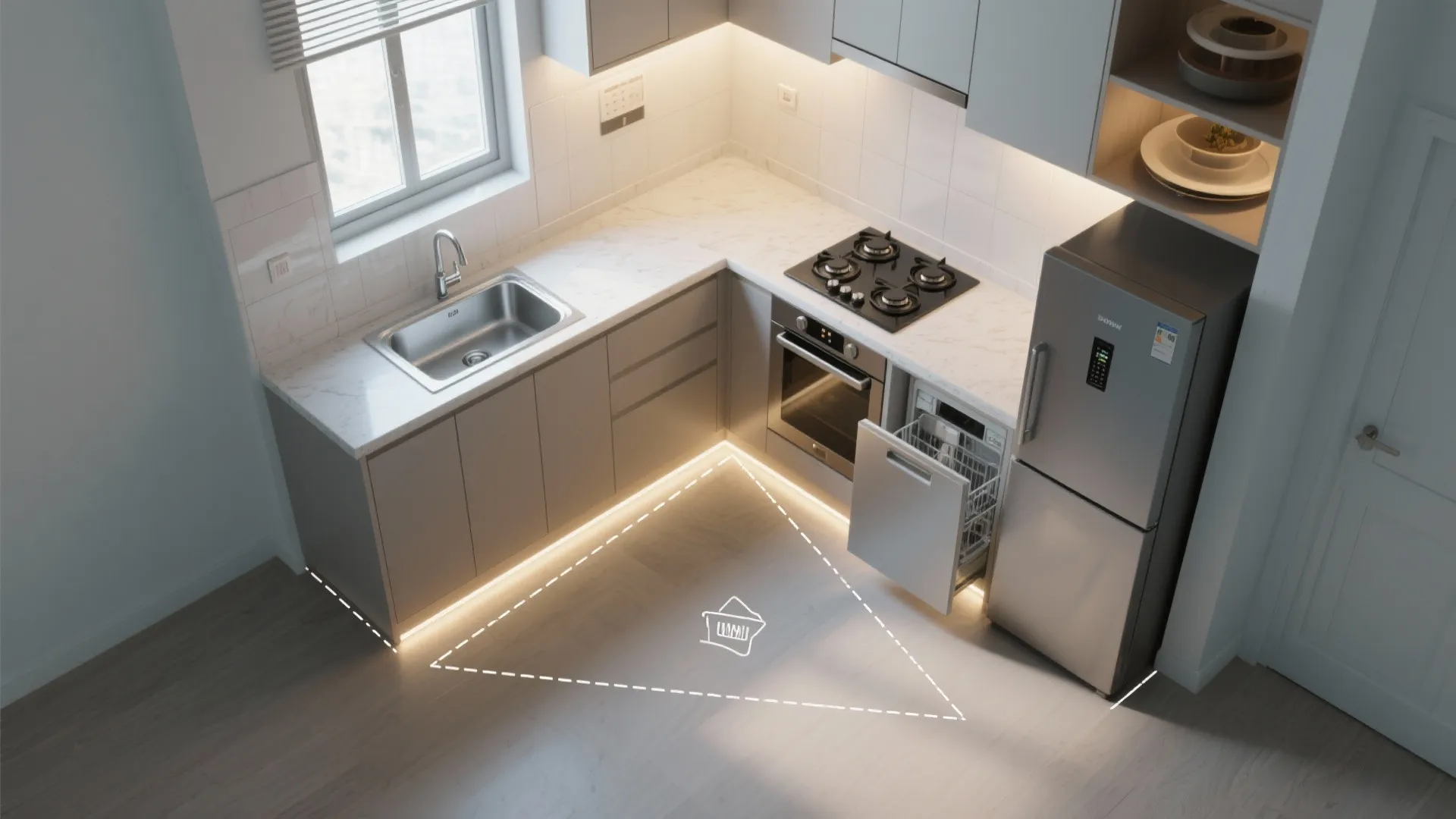 L-shaped layout for tiny kitchens
