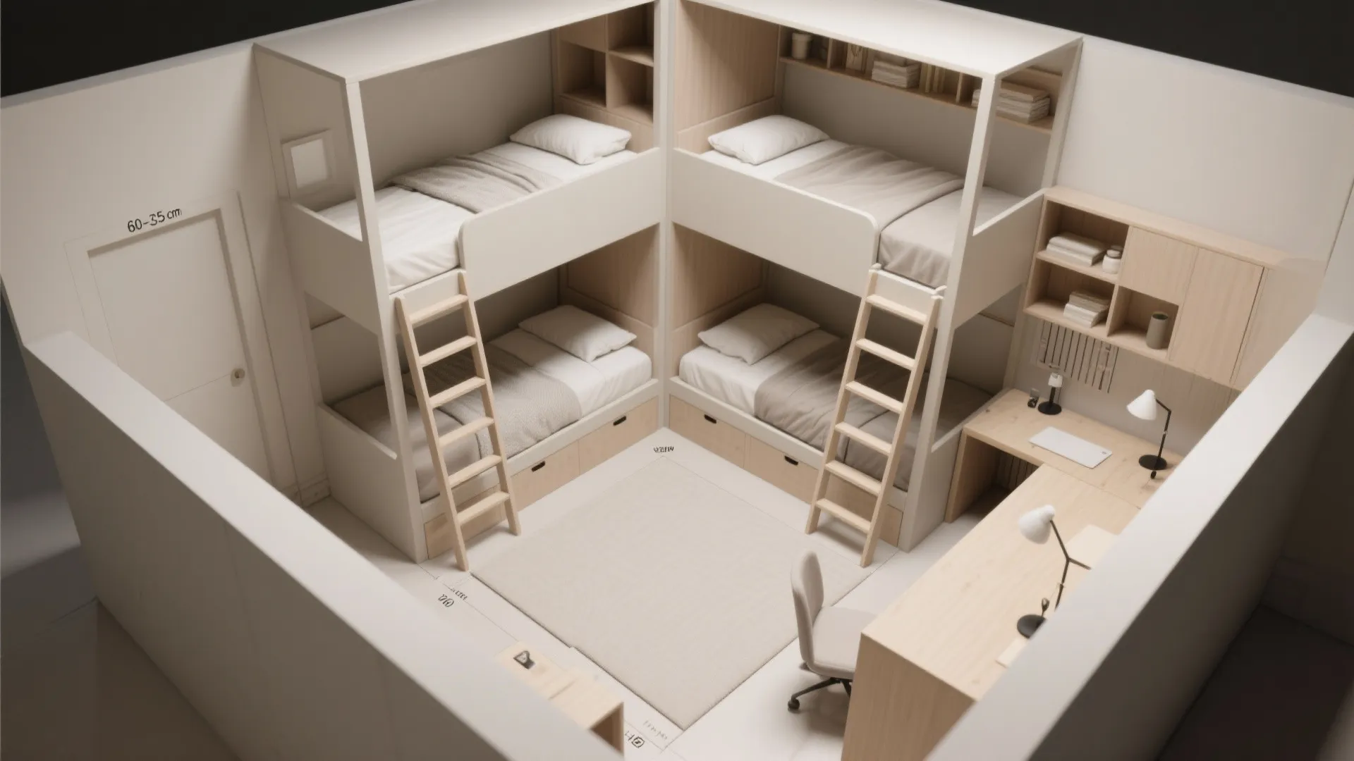 L-shaped triple bunk layout around a corner