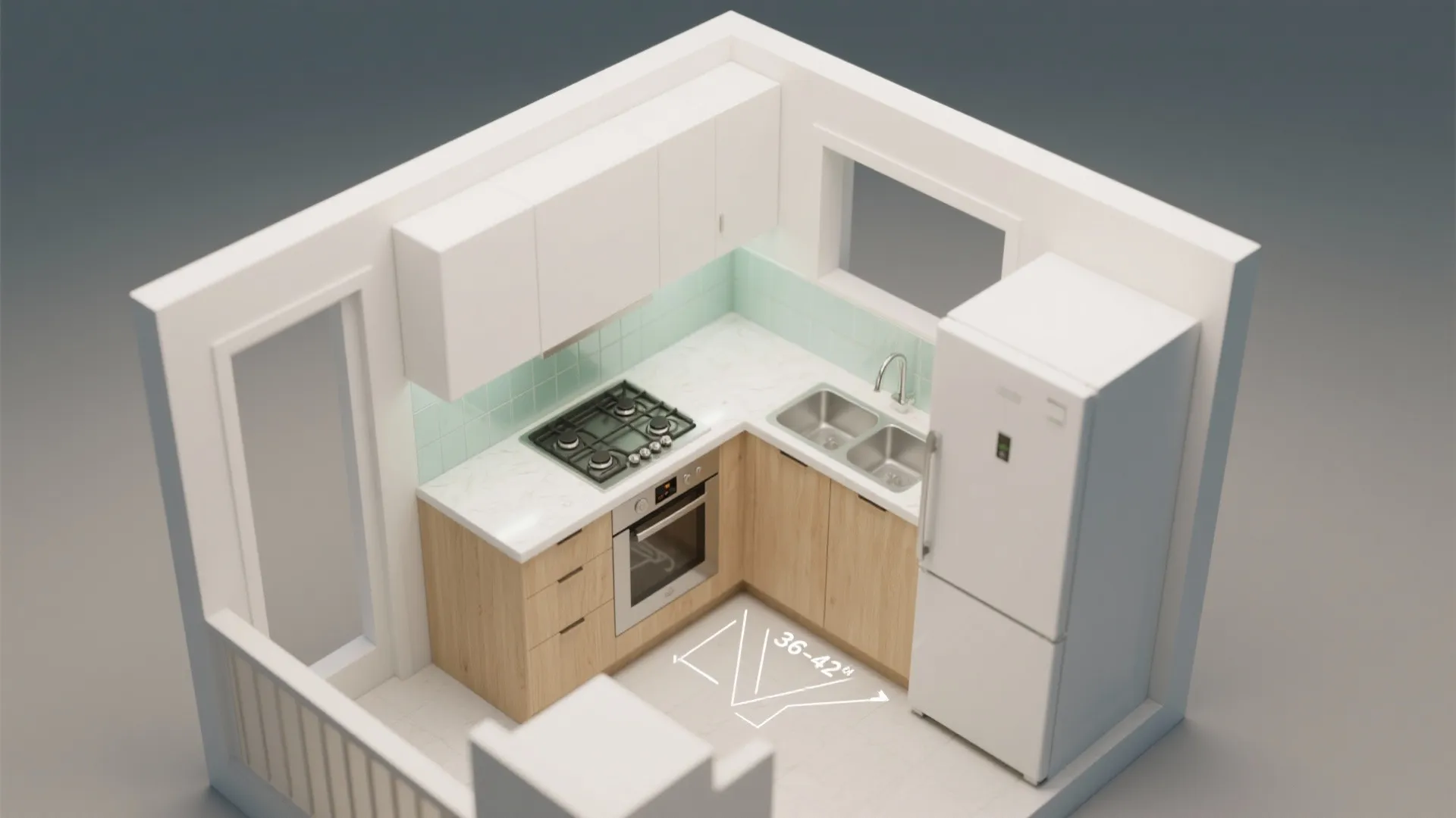 Top down interior design drawing of a small L shaped kitchen with white fridge and stove