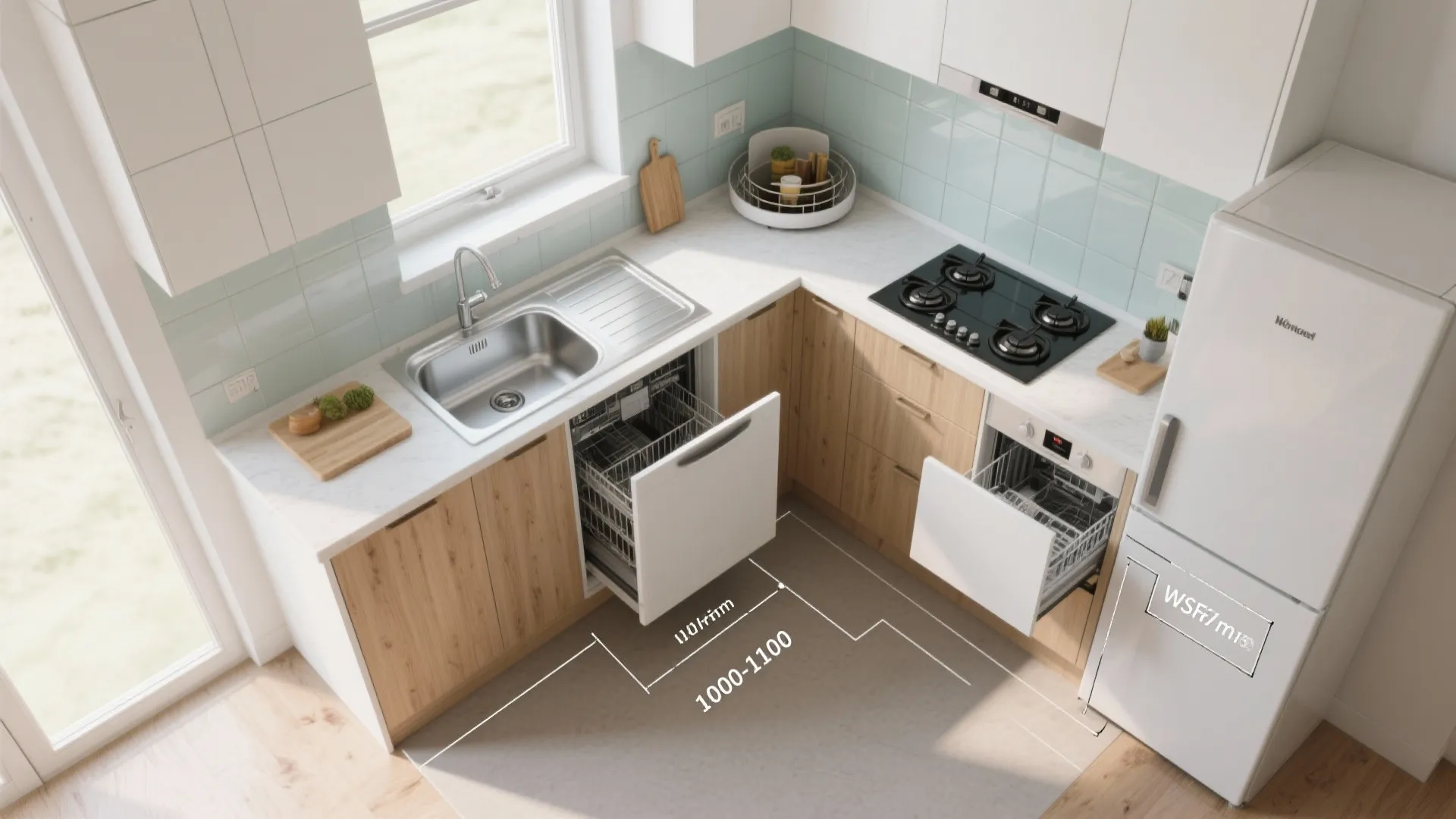 L-shaped layout to free counter space