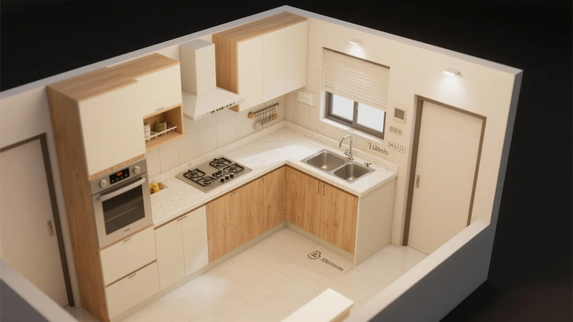 L-shaped layout to open walking space