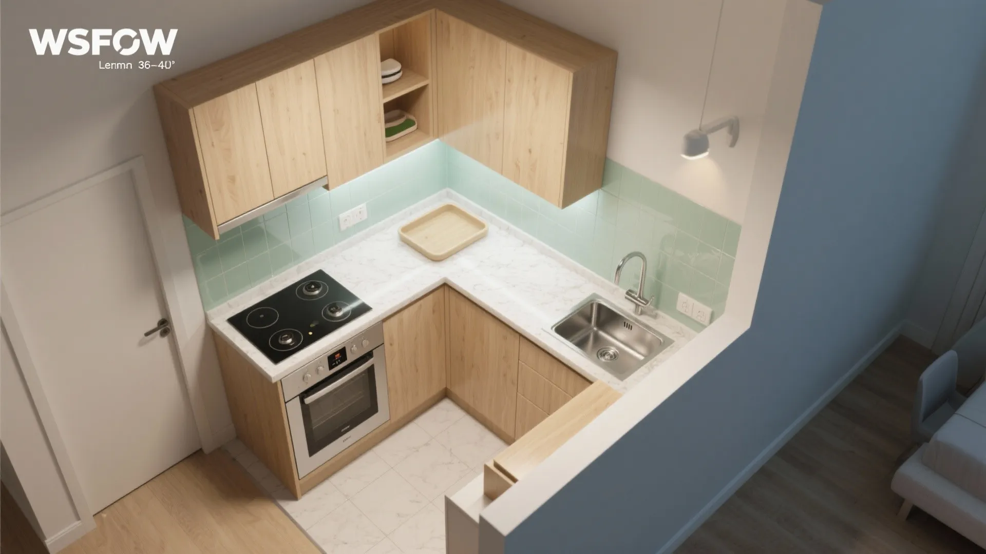 L-shaped micro-kitchen with smart circulation