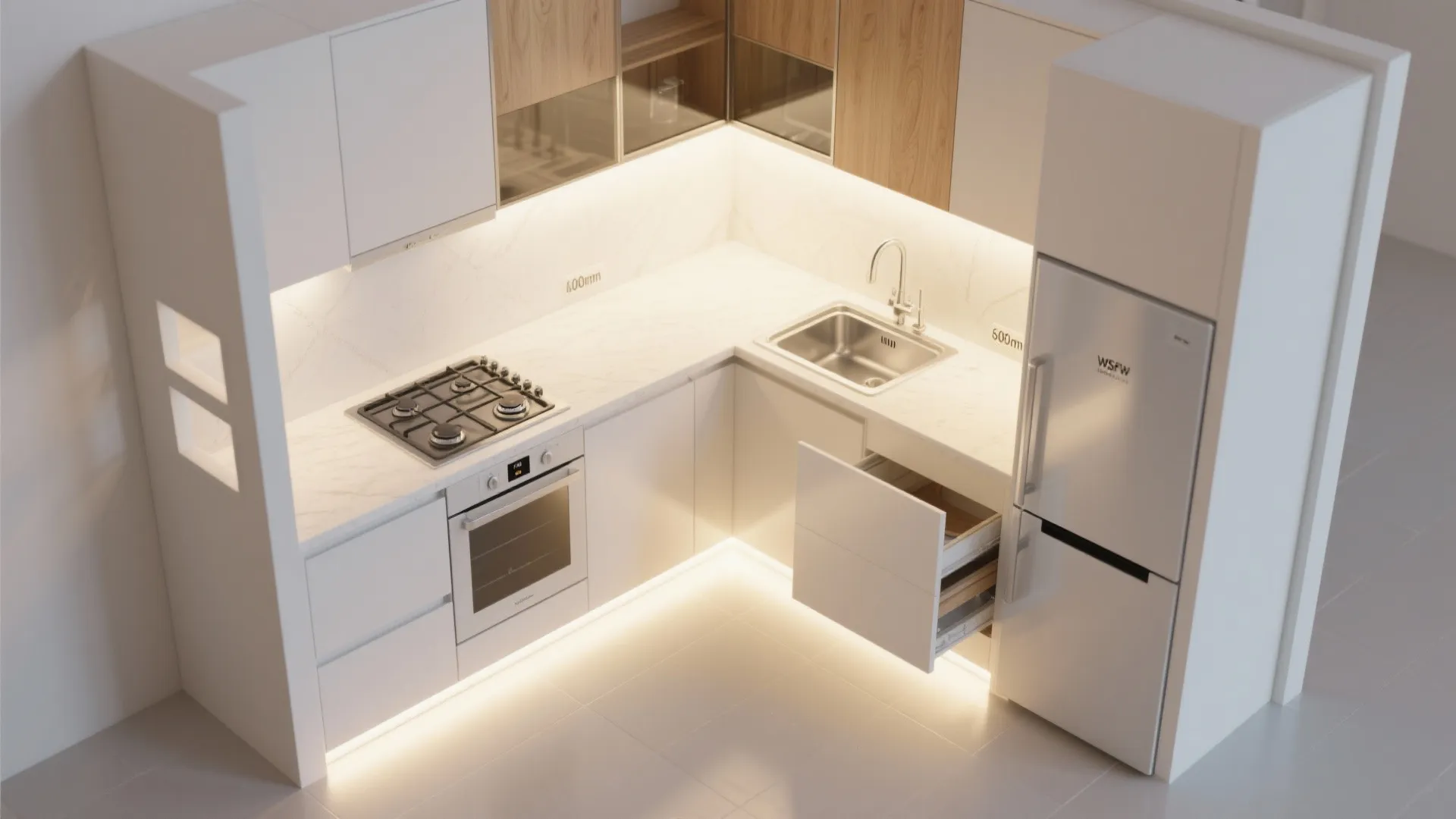 L-shaped micro kitchen layout