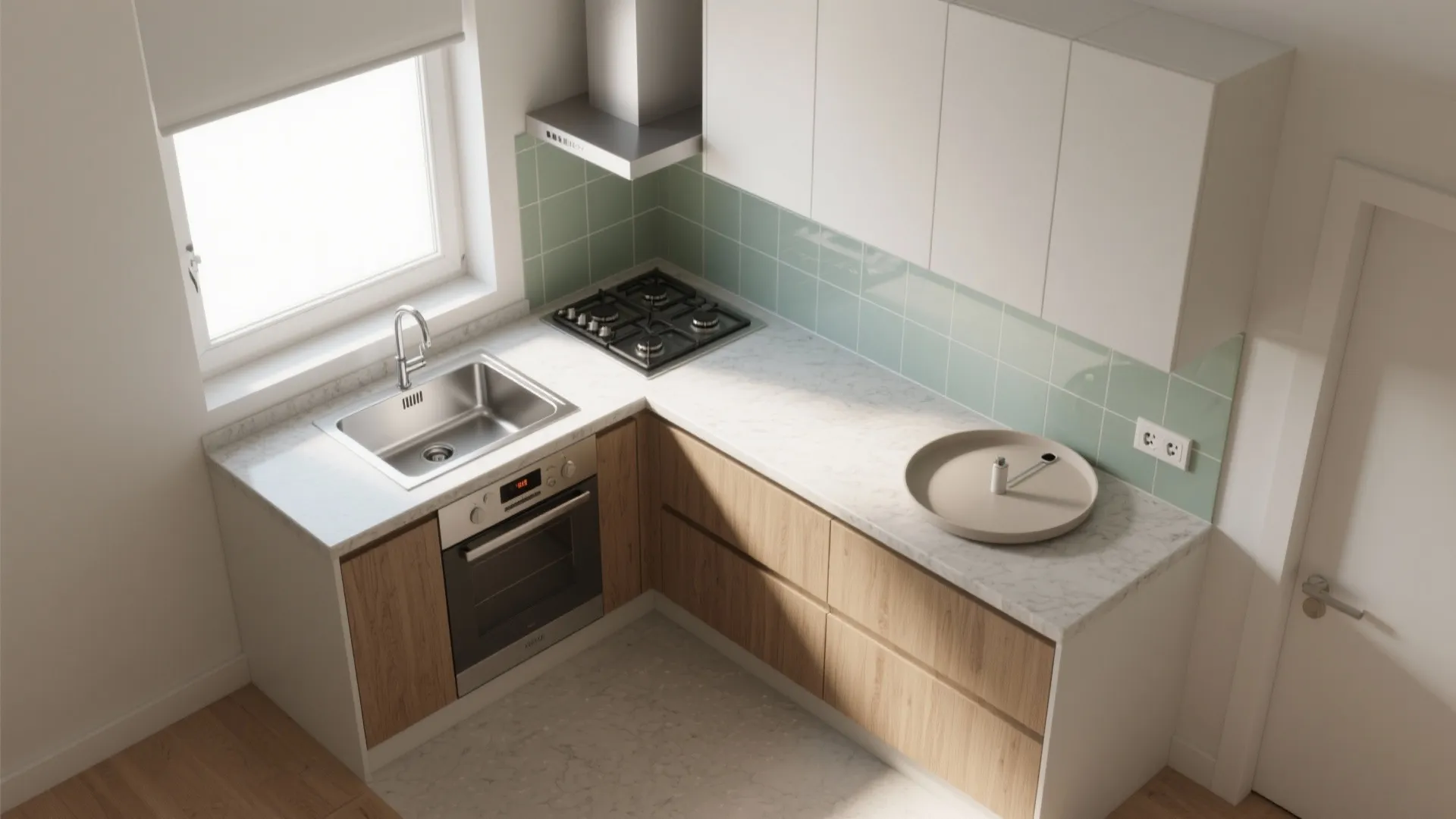 L-shaped layout that frees counter space