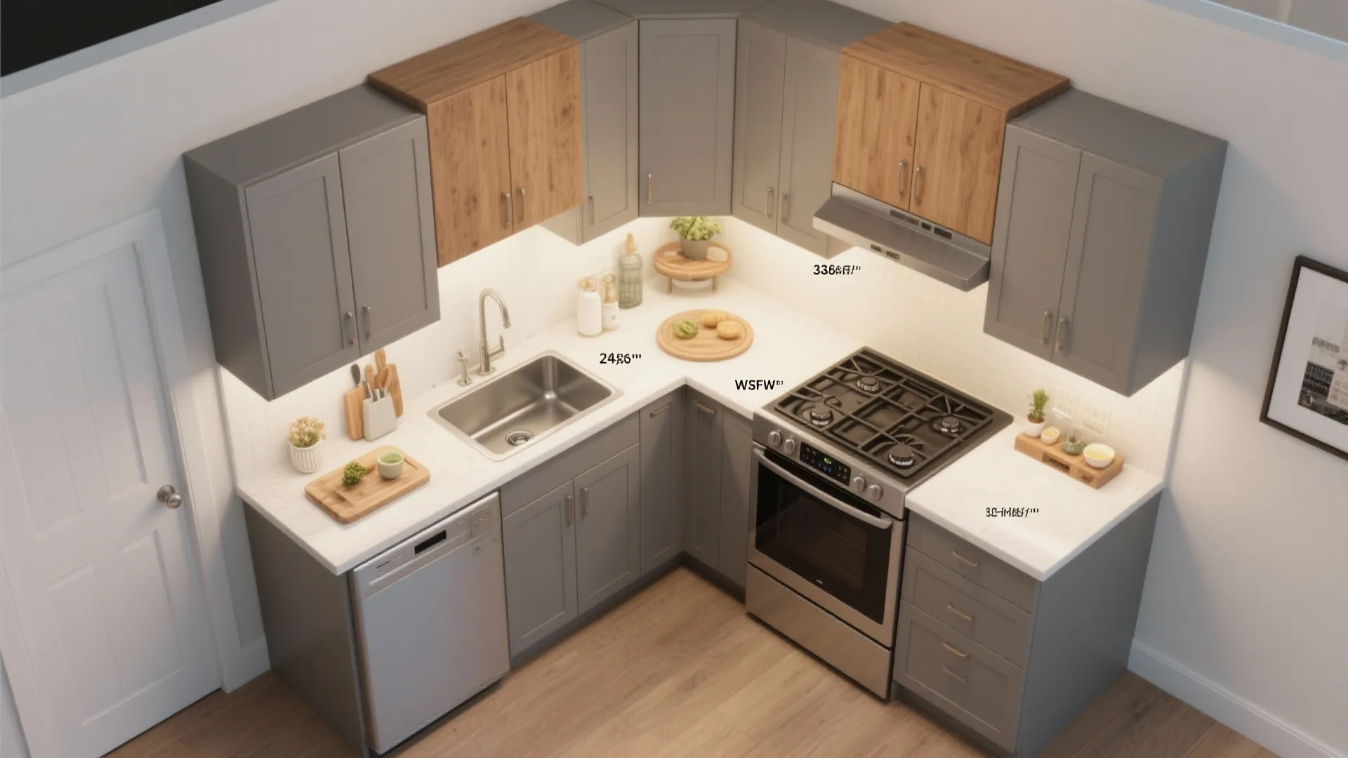 L-shaped small kitchen layout for clear task zoning