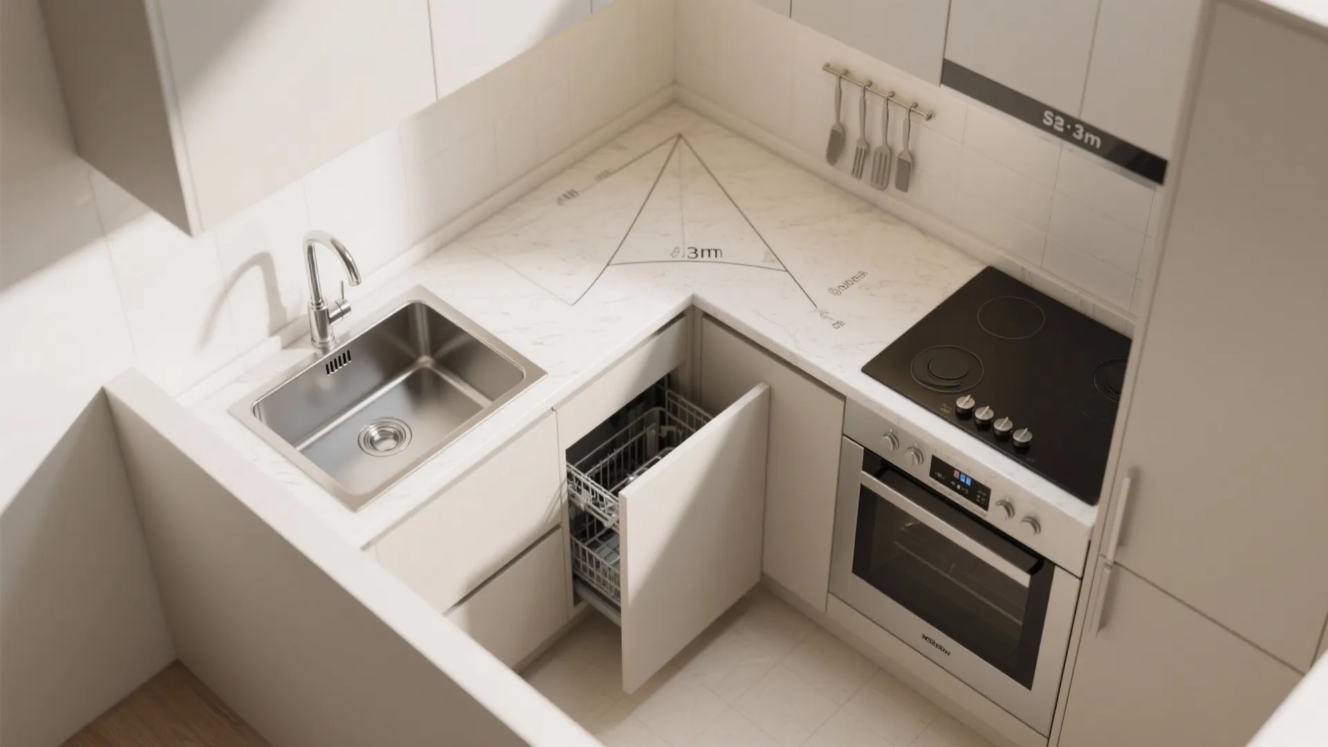L-shaped micro-kitchen that frees counter space