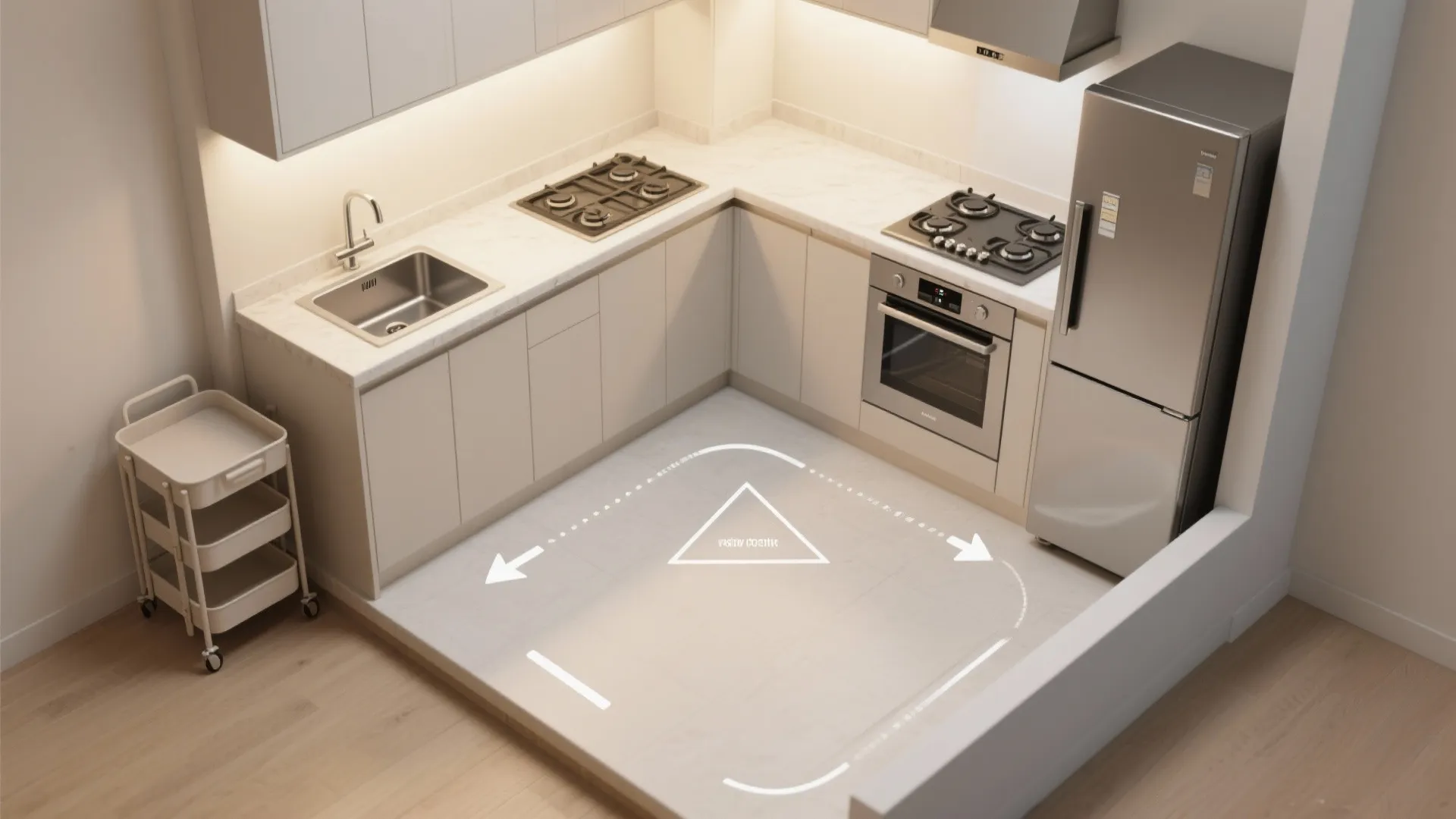 Modern L-shaped kitchen showing white cabinets marble countertop sink stove fridge and floor layout triangle