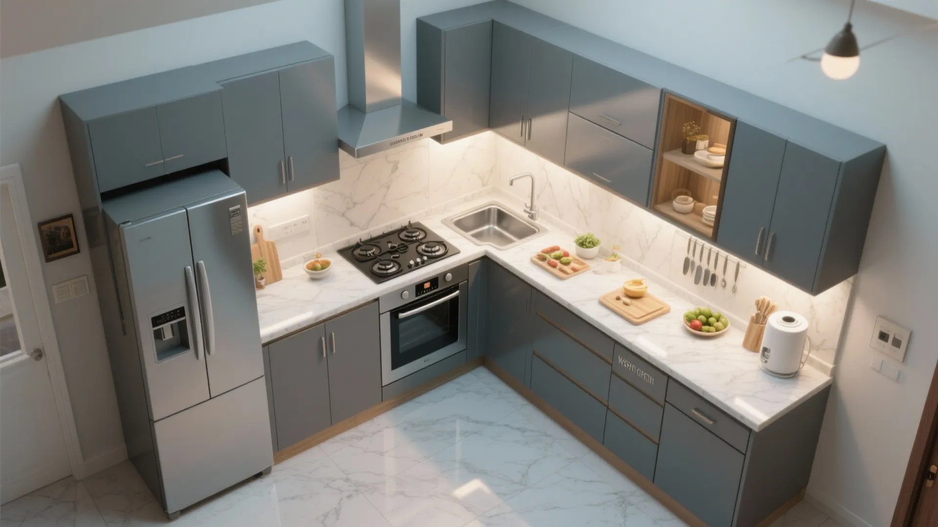 Top view of L-shaped kitchen with grey cabinets marble countertops silver fridge and stove oven