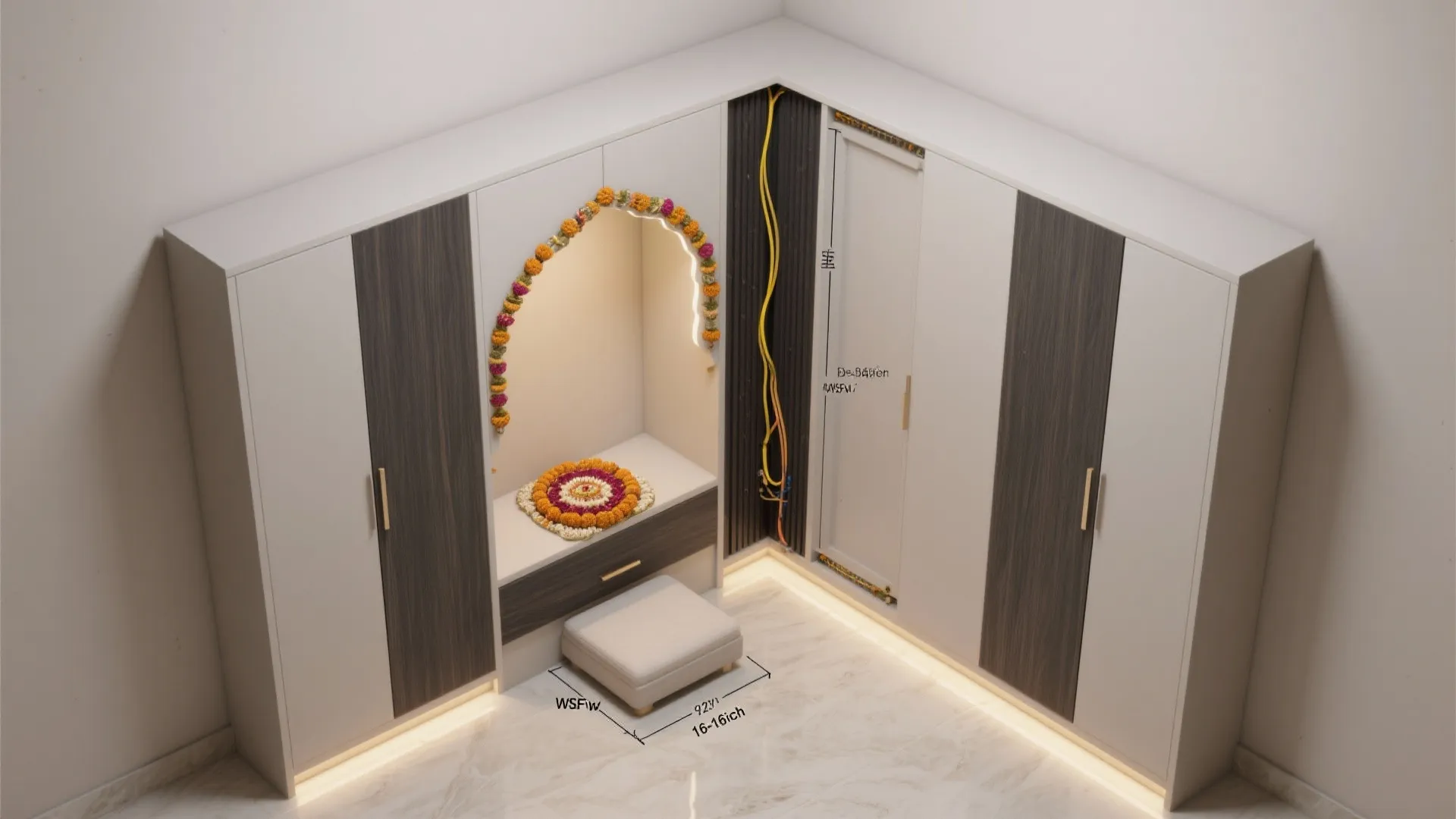 Top-down view showing L-shaped pooja unit layout, clearances, and kneeler placement.