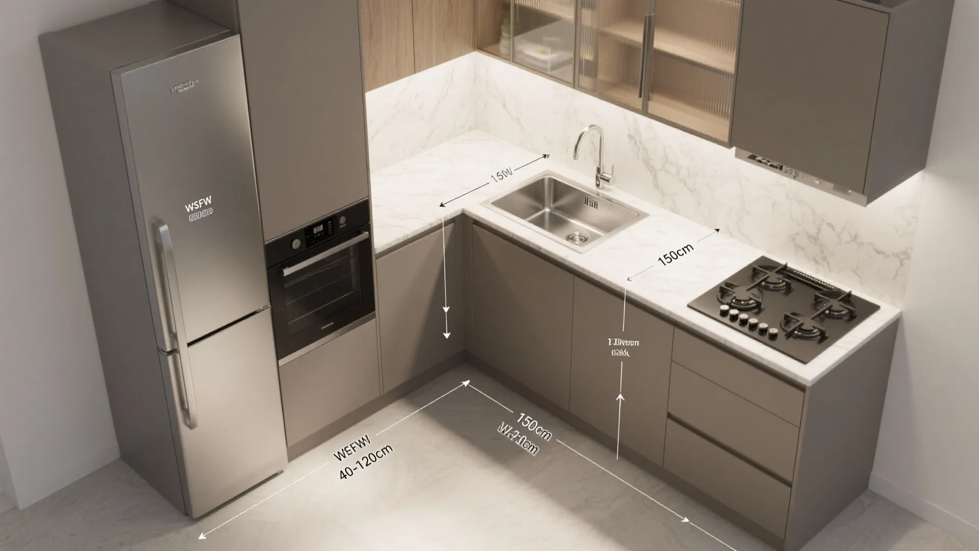 Modern L-shaped kitchen with grey cabinets marble countertop sink stove fridge and white dimension lines