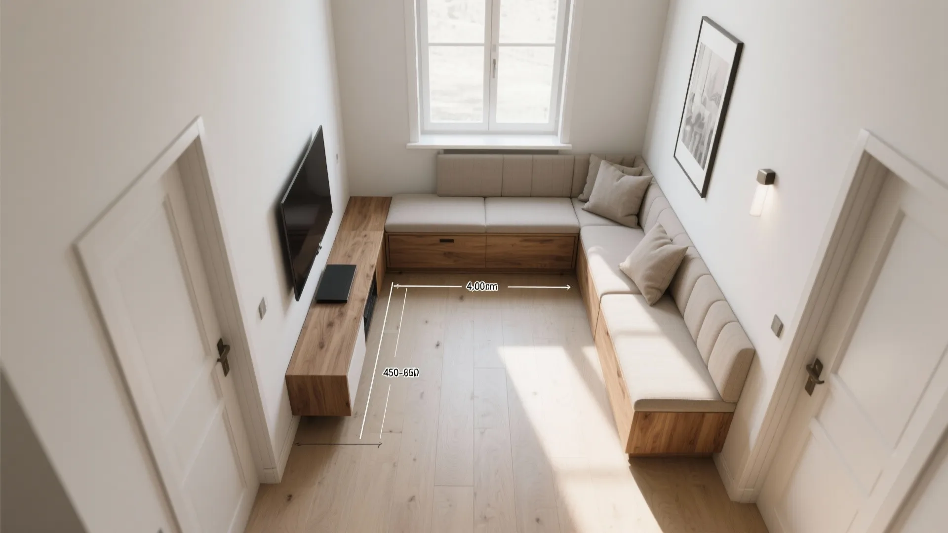 L-shaped media wall that integrates a window seat