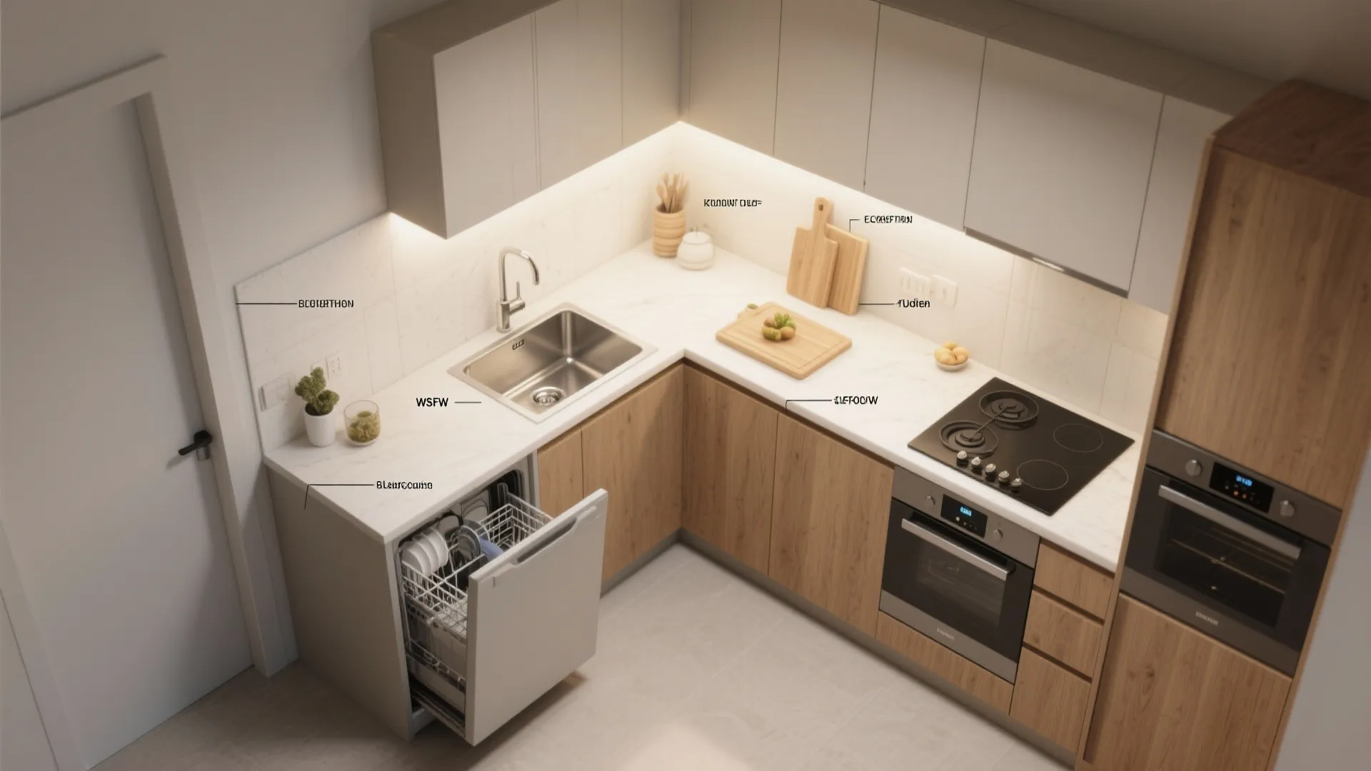 Top down interior design drawing of L-shaped kitchen with wooden cabinets sink and integrated dishwasher