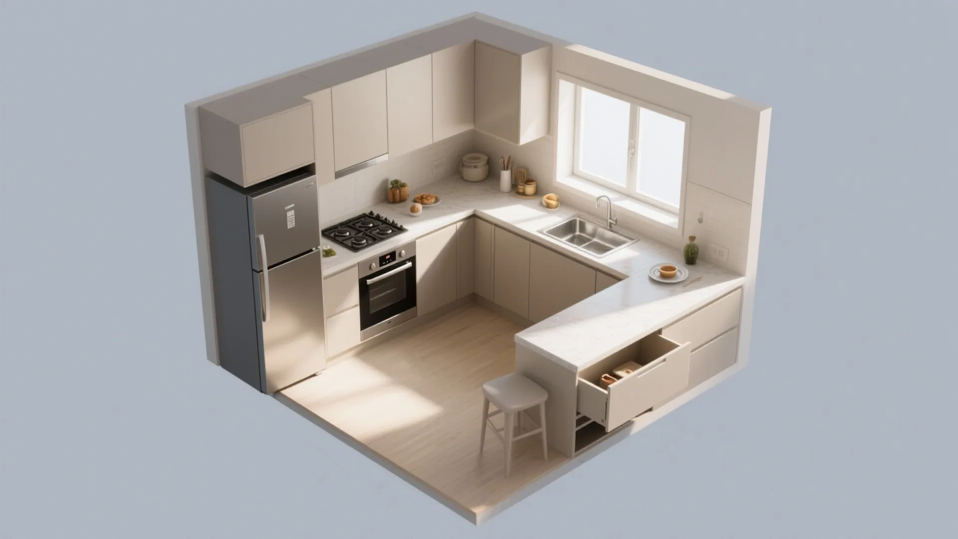 L-shaped kitchen zoning