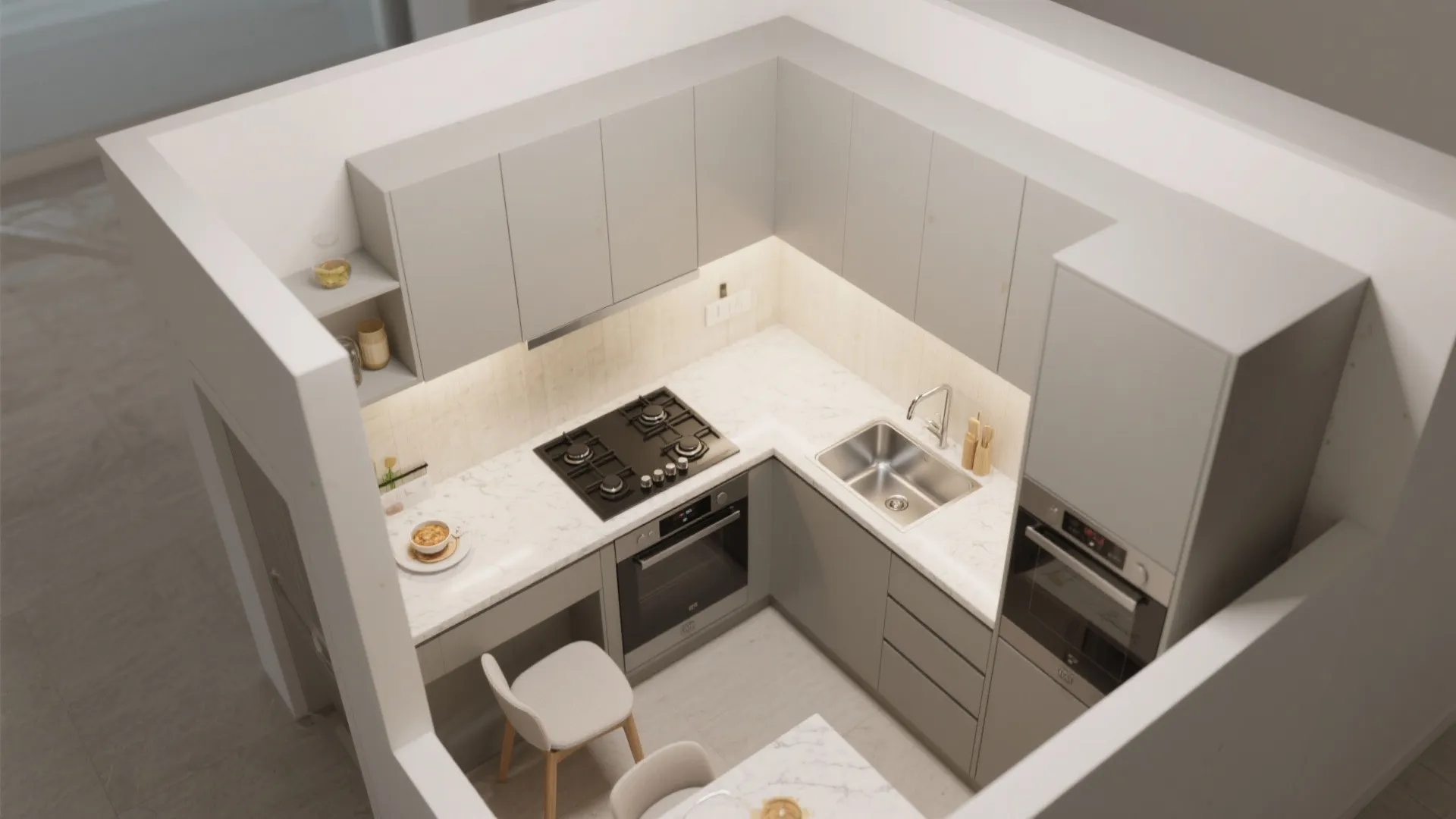 L-shaped wall planning for more counter space