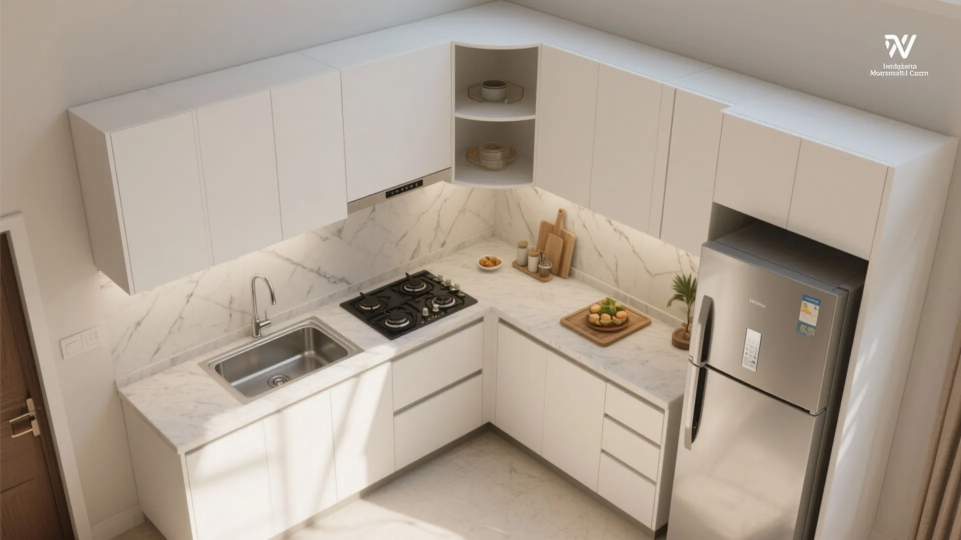 L-shaped layout that frees countertop flow