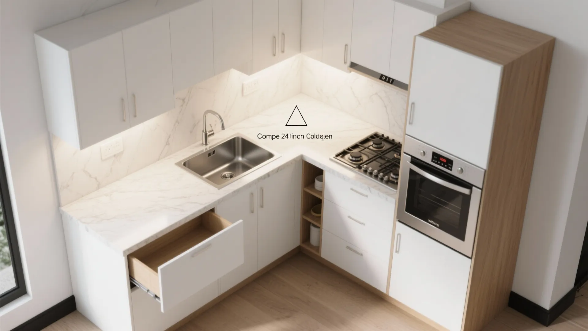 Modern white L-shaped kitchen layout with marble countertop sink stove oven and wooden floor design