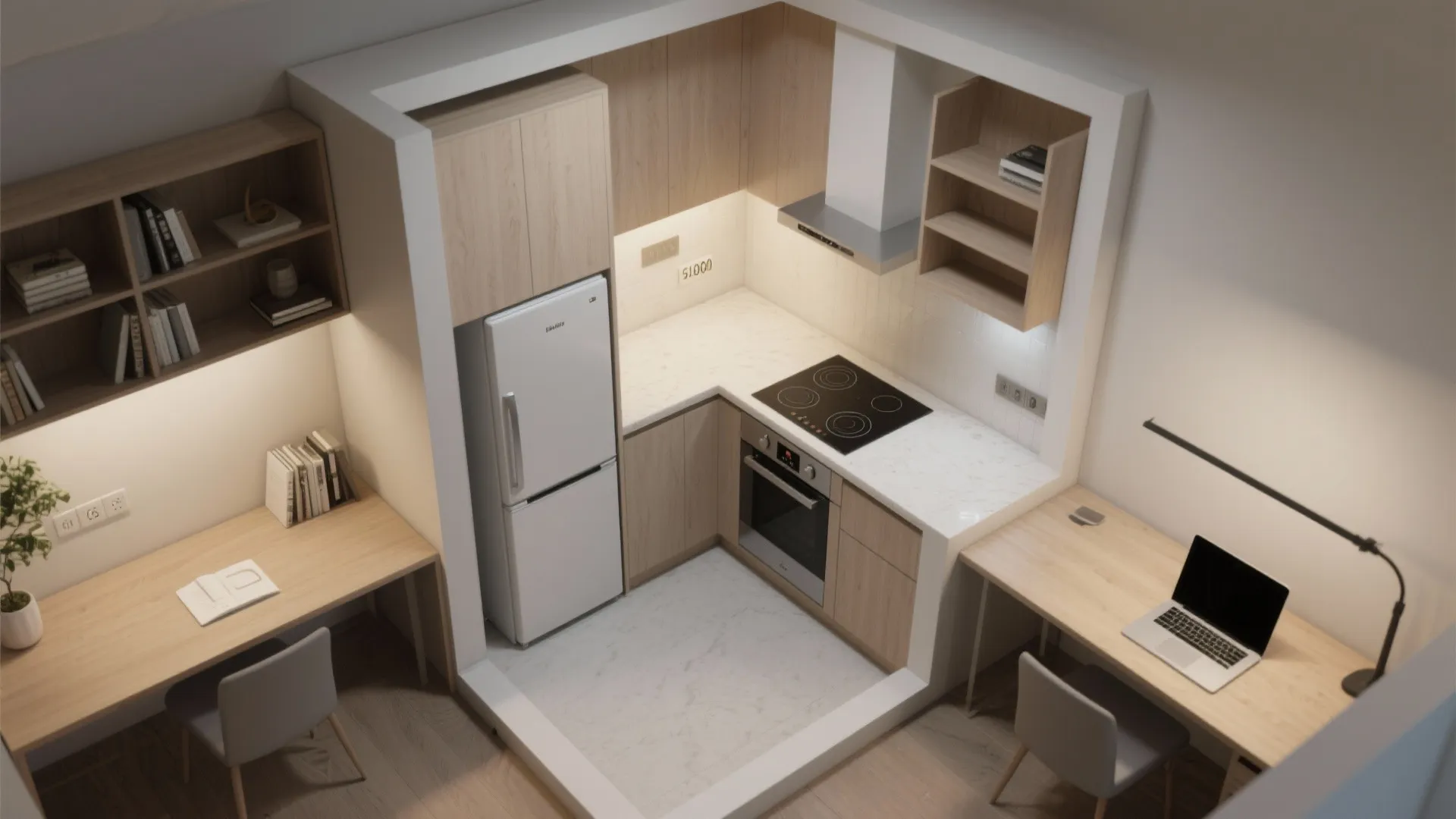 Top down interior design drawing of small kitchen with fridge wooden cabinets and two desks