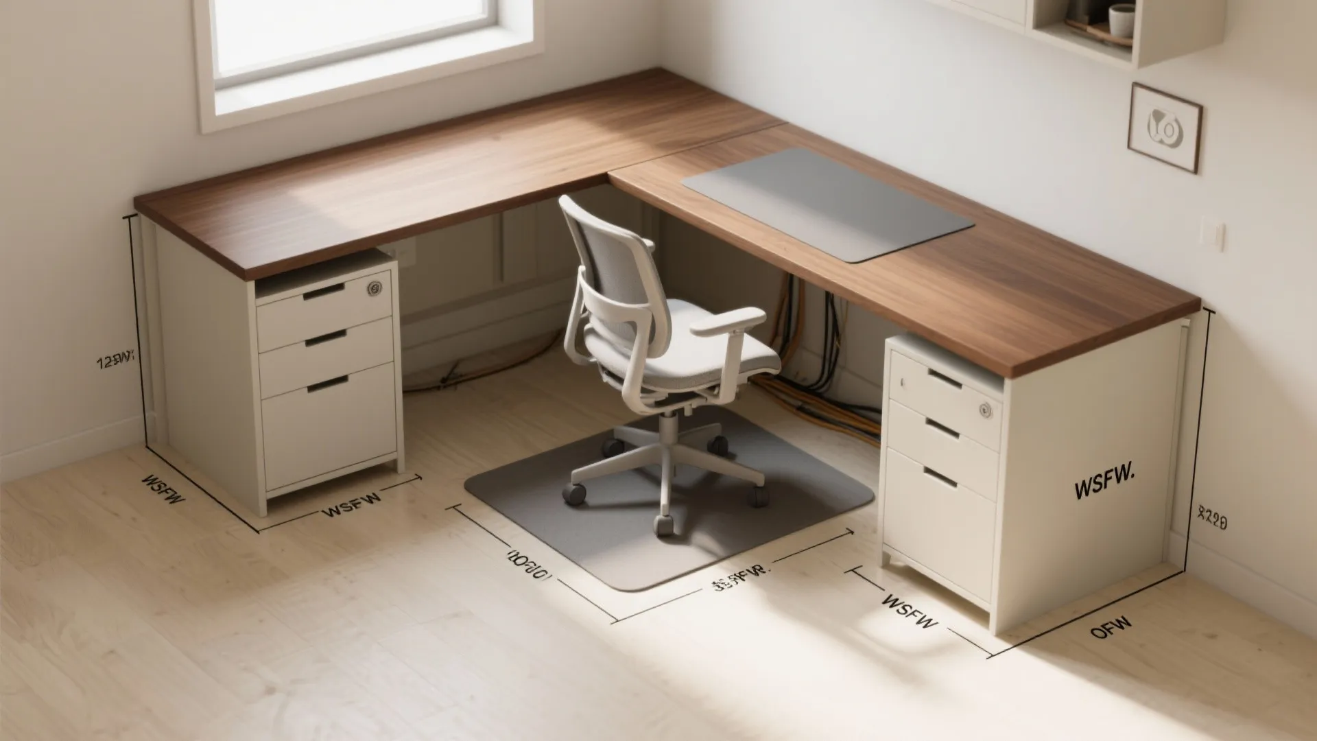 L-shaped wooden desk with two white cabinets, a white office chair, and a grey mat