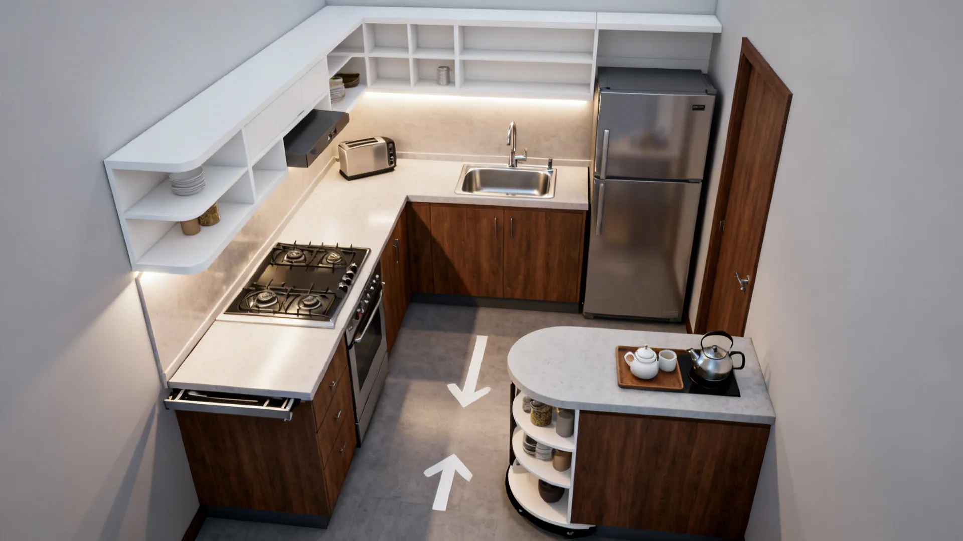 Top-down view of a compact L-shaped kitchen with a tight work triangle and corner carousel.