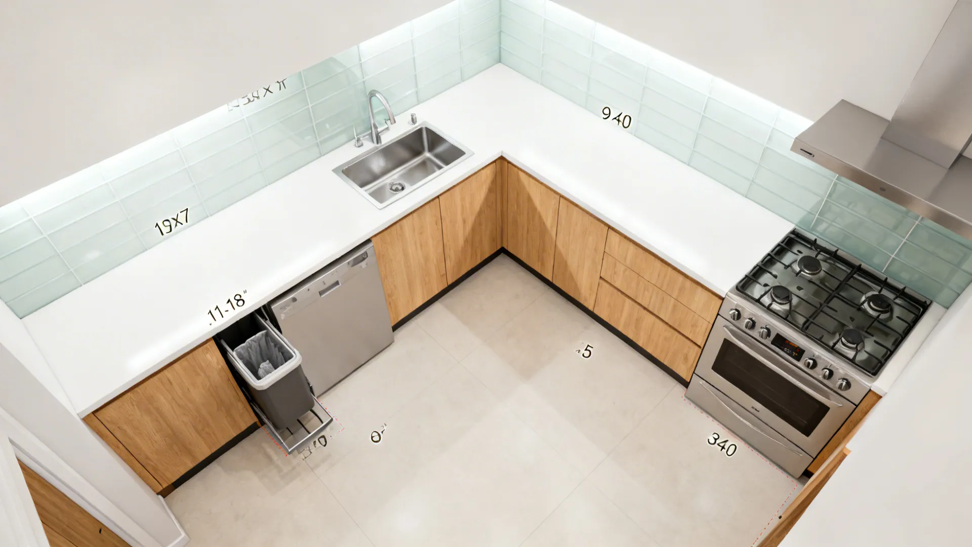 Top-down view of an L-shaped 9x7 kitchen highlighting a continuous prep zone.