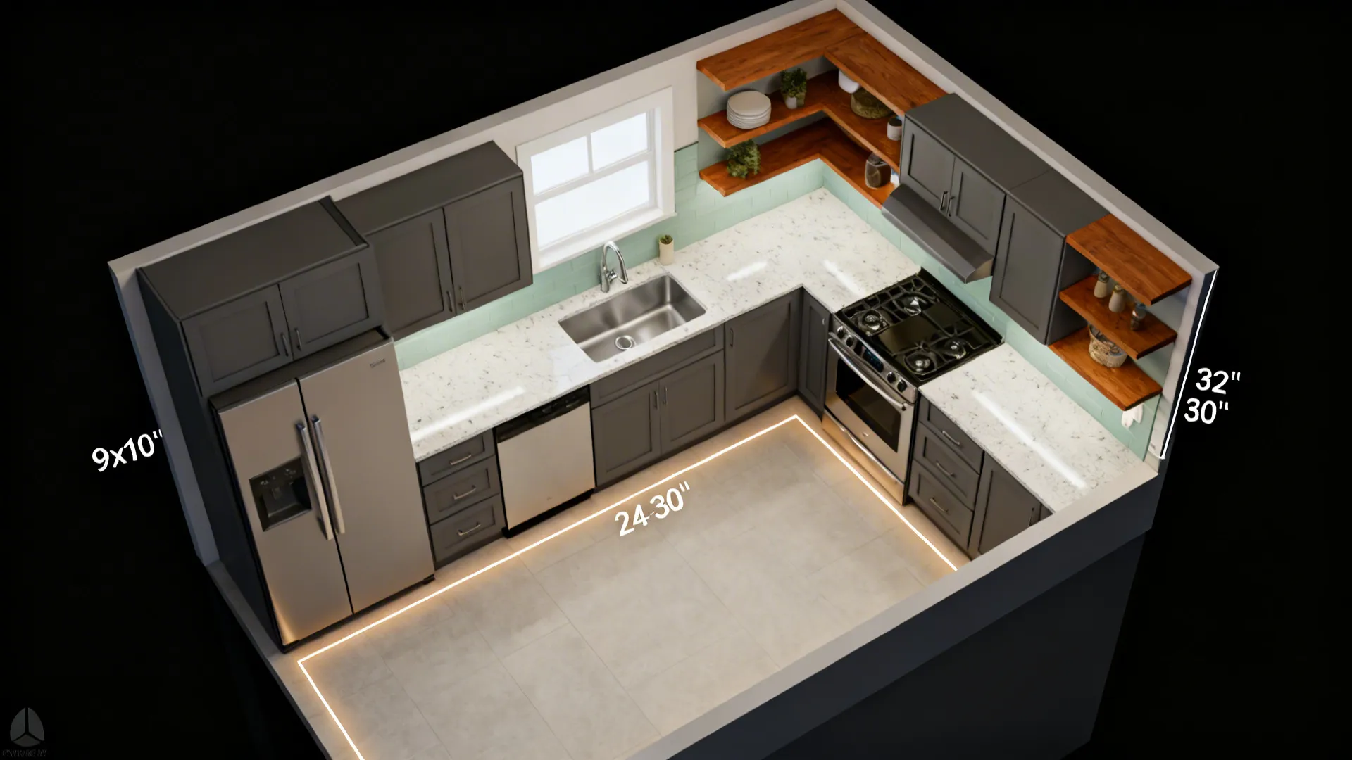Top-down view of a 9x10 L-shaped kitchen with defined zones, clear aisle, and efficient triangle.