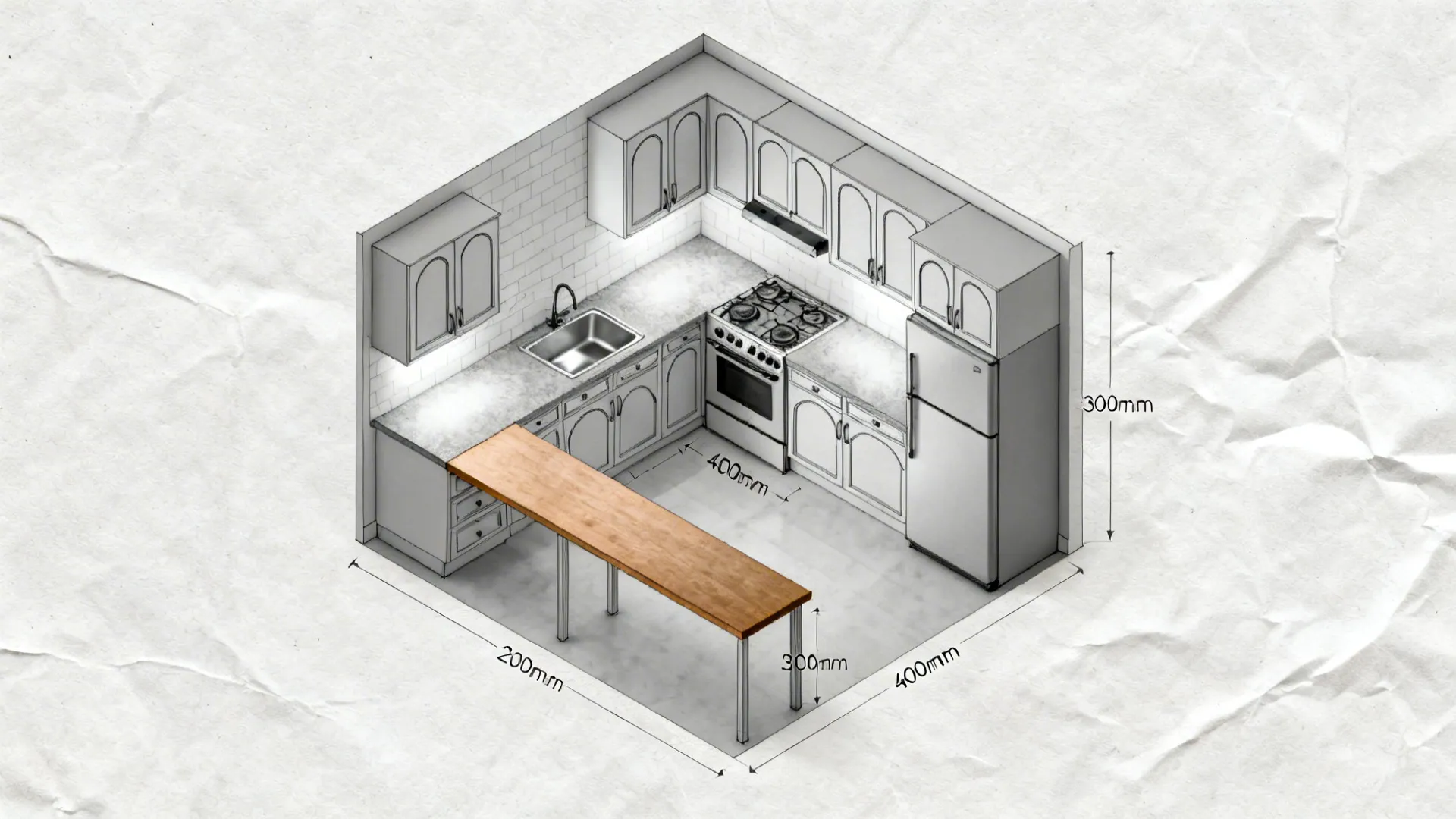 Top-down L-shaped kitchen plan highlighting the work triangle and a long counter run.