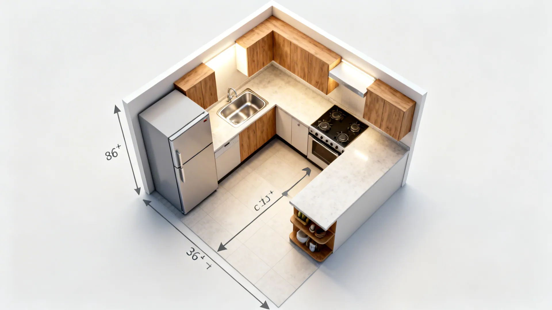 Top-down view of an L-shaped small kitchen showing appliance clearances and corner access.