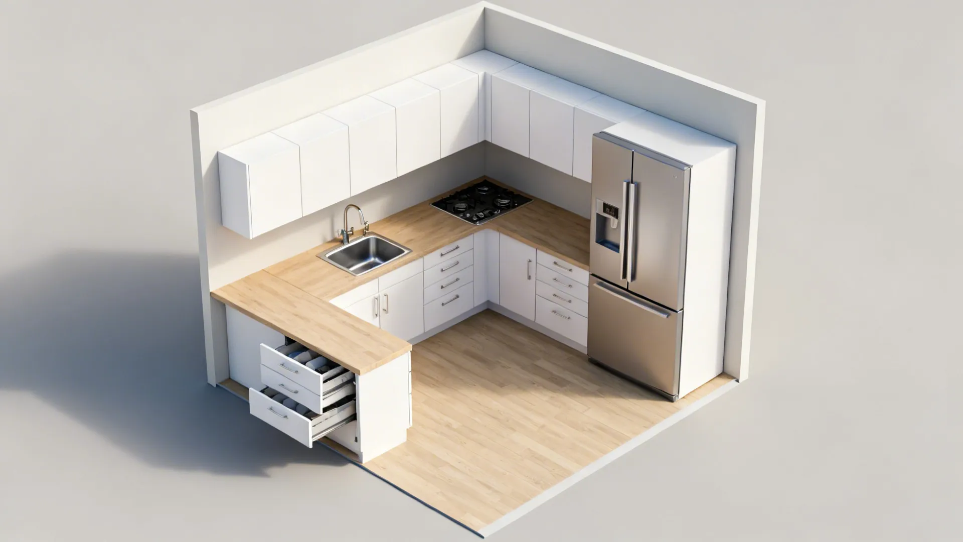 Interior design drawing of a white kitchen layout with wood floor and a silver fridge