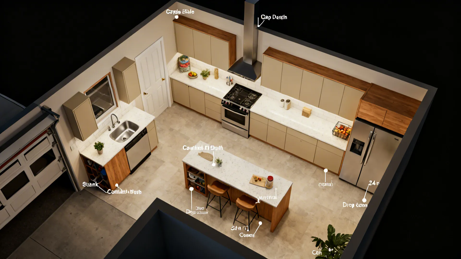 Top-down view of L-shaped small kitchen plan with clear garage-side circulation and zoned layout.