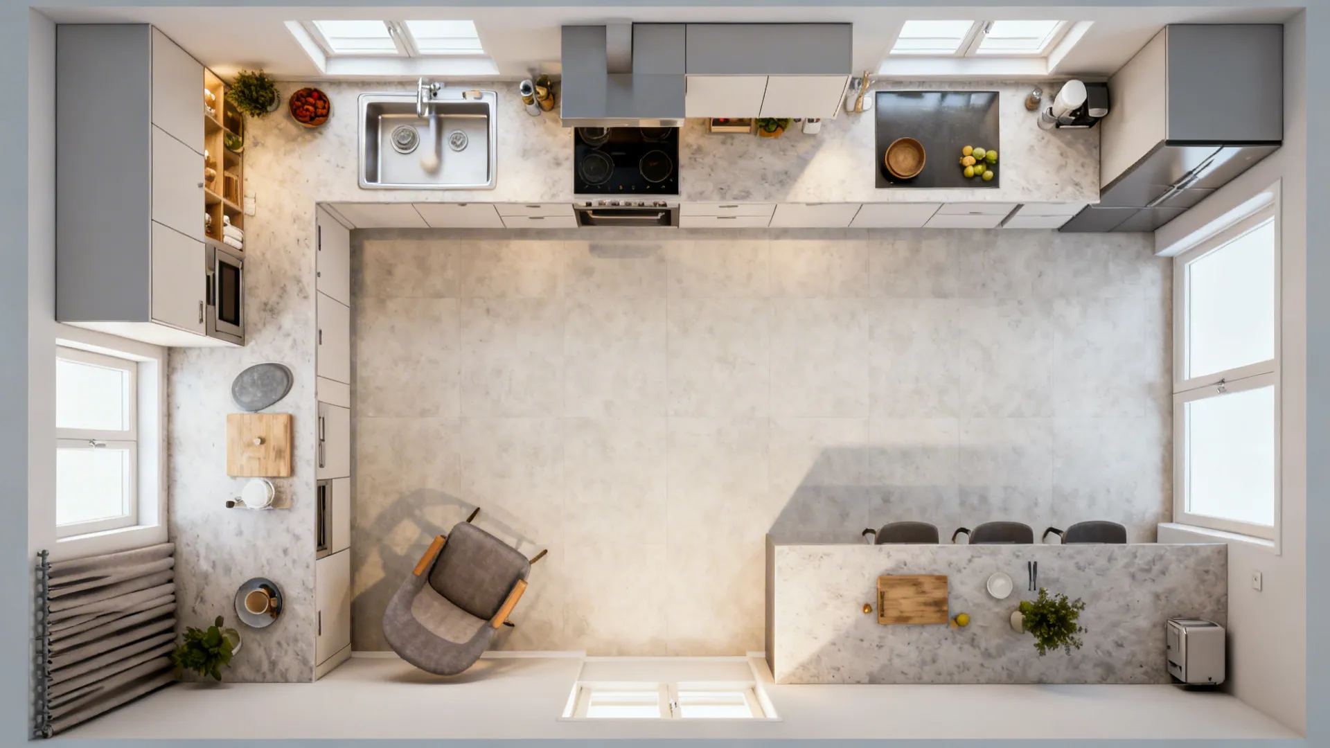 Top-down L-shaped small kitchen plan highlighting a compact triangle and central clear space.