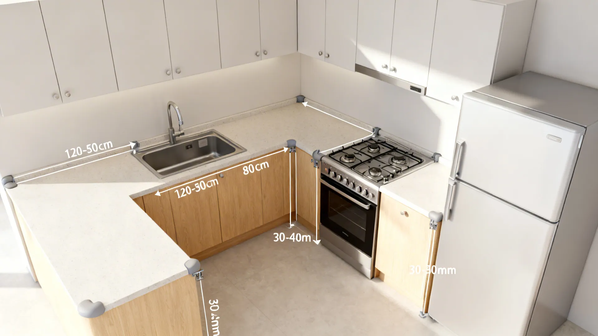 Top-down view of an L-shaped small kitchen layout with continuous prep space and clear zones.