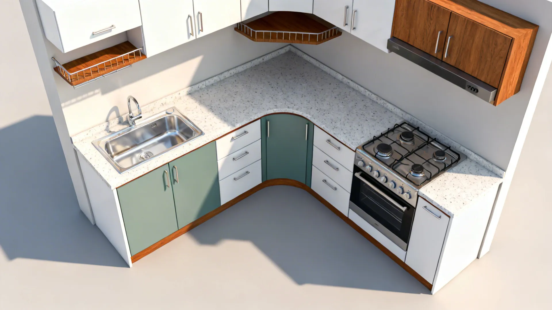 Top-down view of a compact L-shaped kitchen with balanced zones and corner solution.