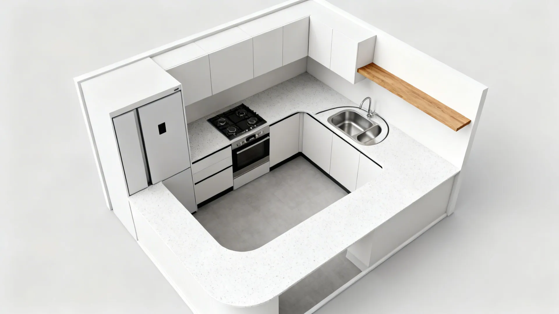 Top-down view of a compact L-shaped kitchen with clear work triangle and reclaimed corner space.