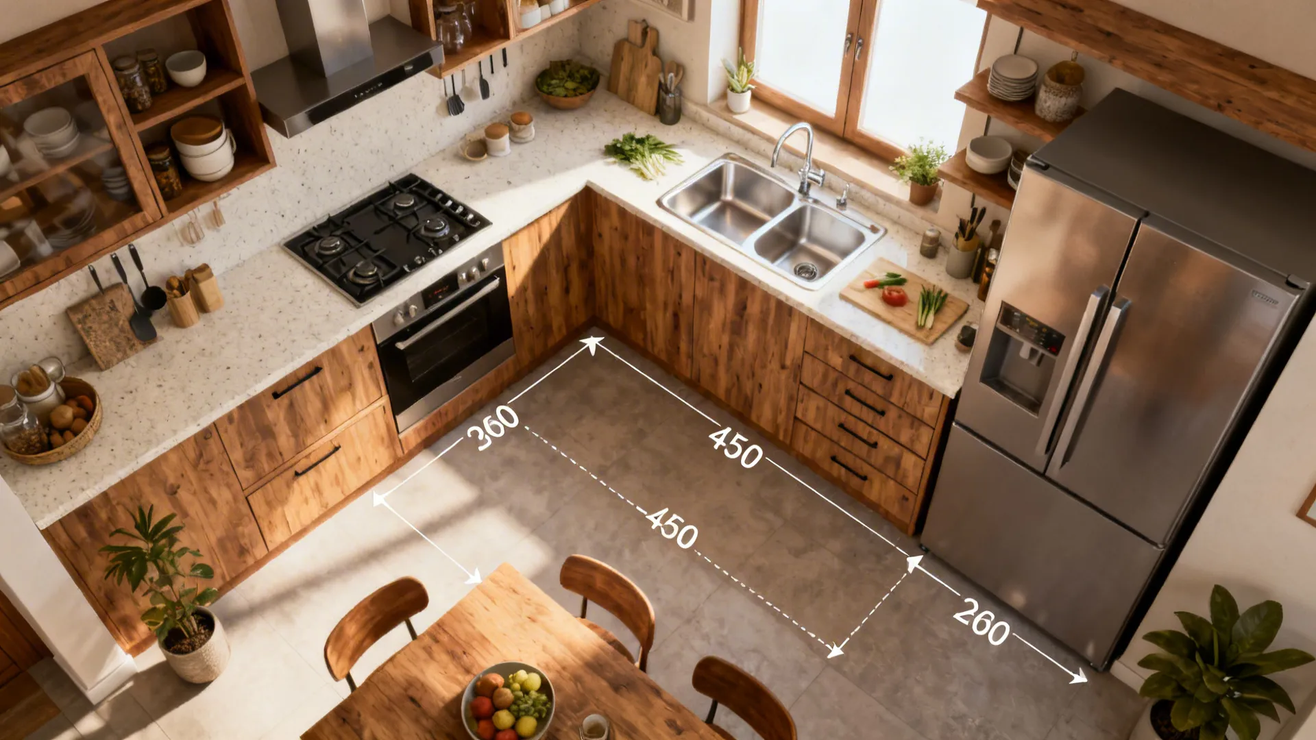 Top down view of kitchen layout showing wood cabinets and white lines for room measurements