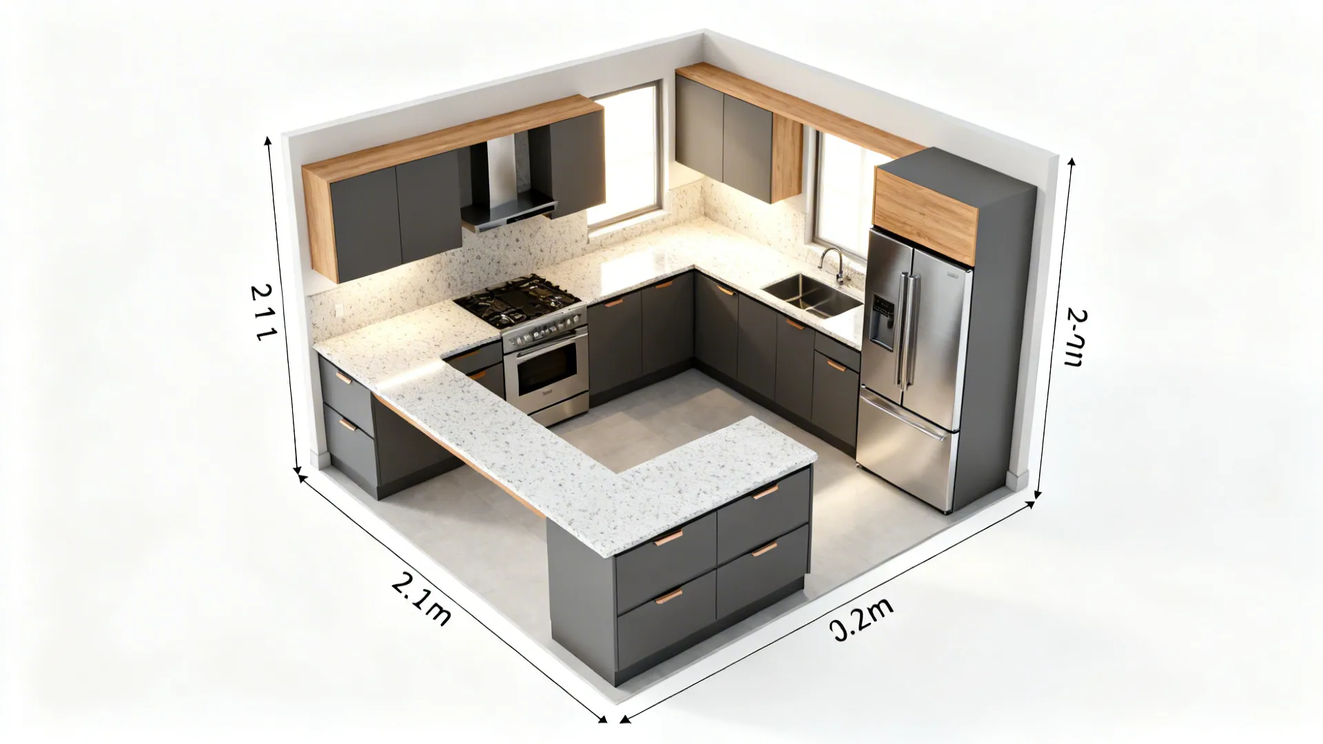 Top-down view of a compact L-shaped kitchen plan with efficient work triangle and clear aisle.