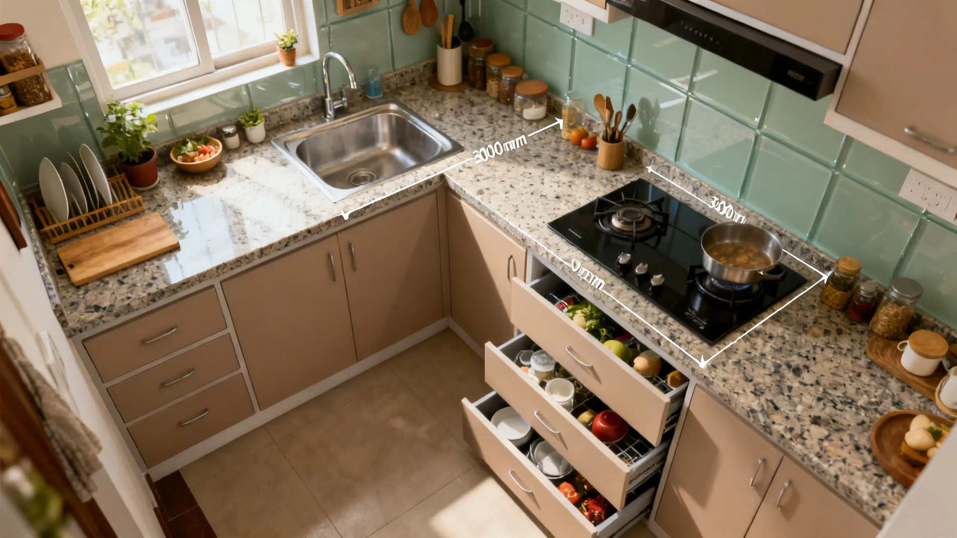 L-shaped layout to unlock usable counter space