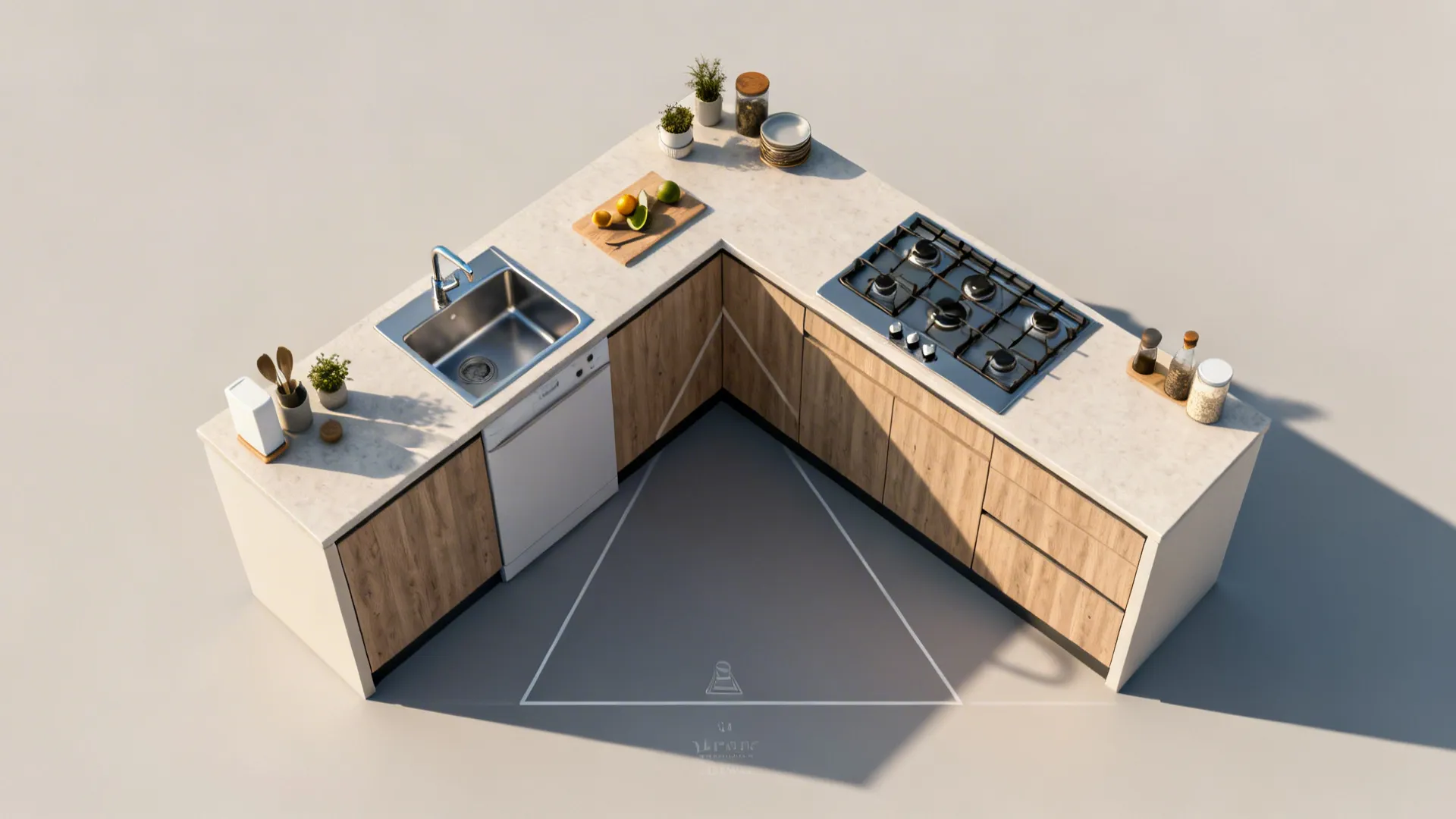 L-shaped kitchen layout with wooden cabinets white countertop stove sink and work triangle on floor