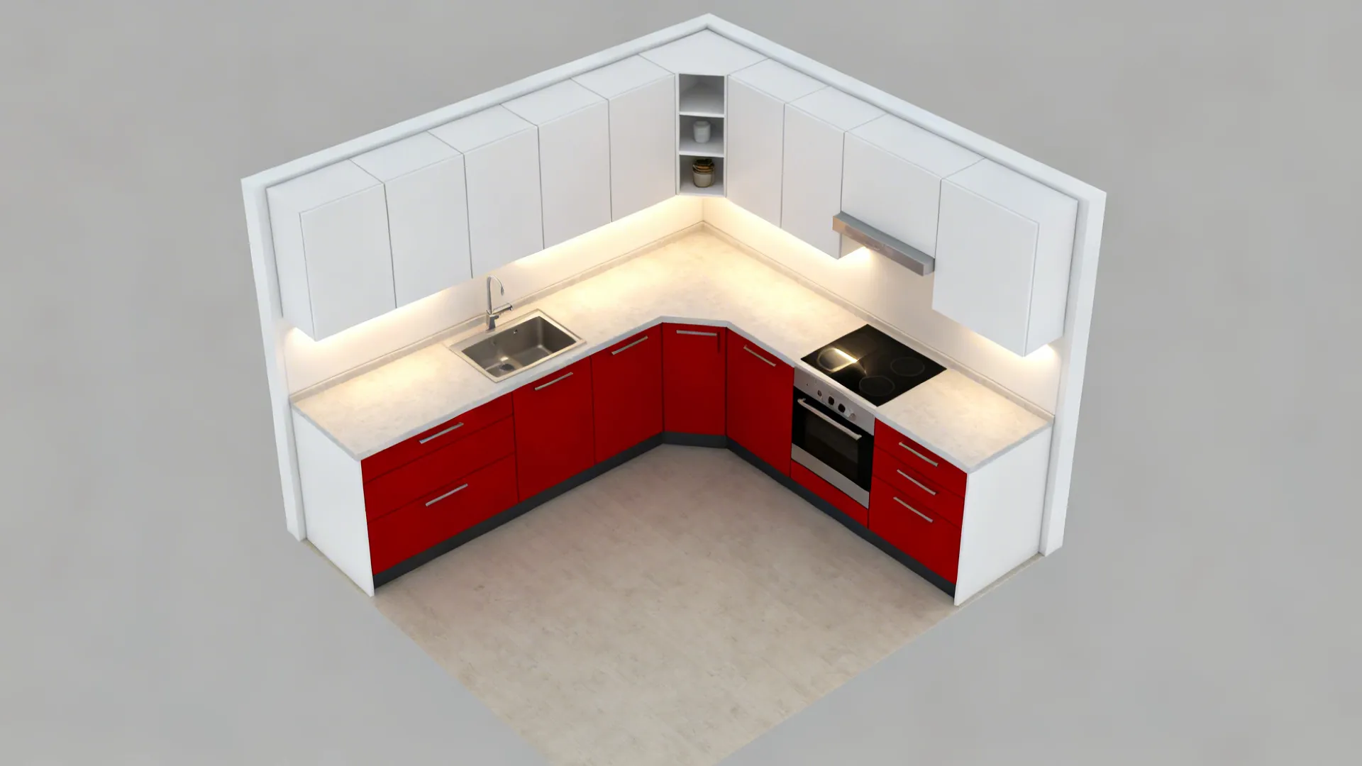 Top-down view of an L-shaped kitchen with red base and white upper cabinets.