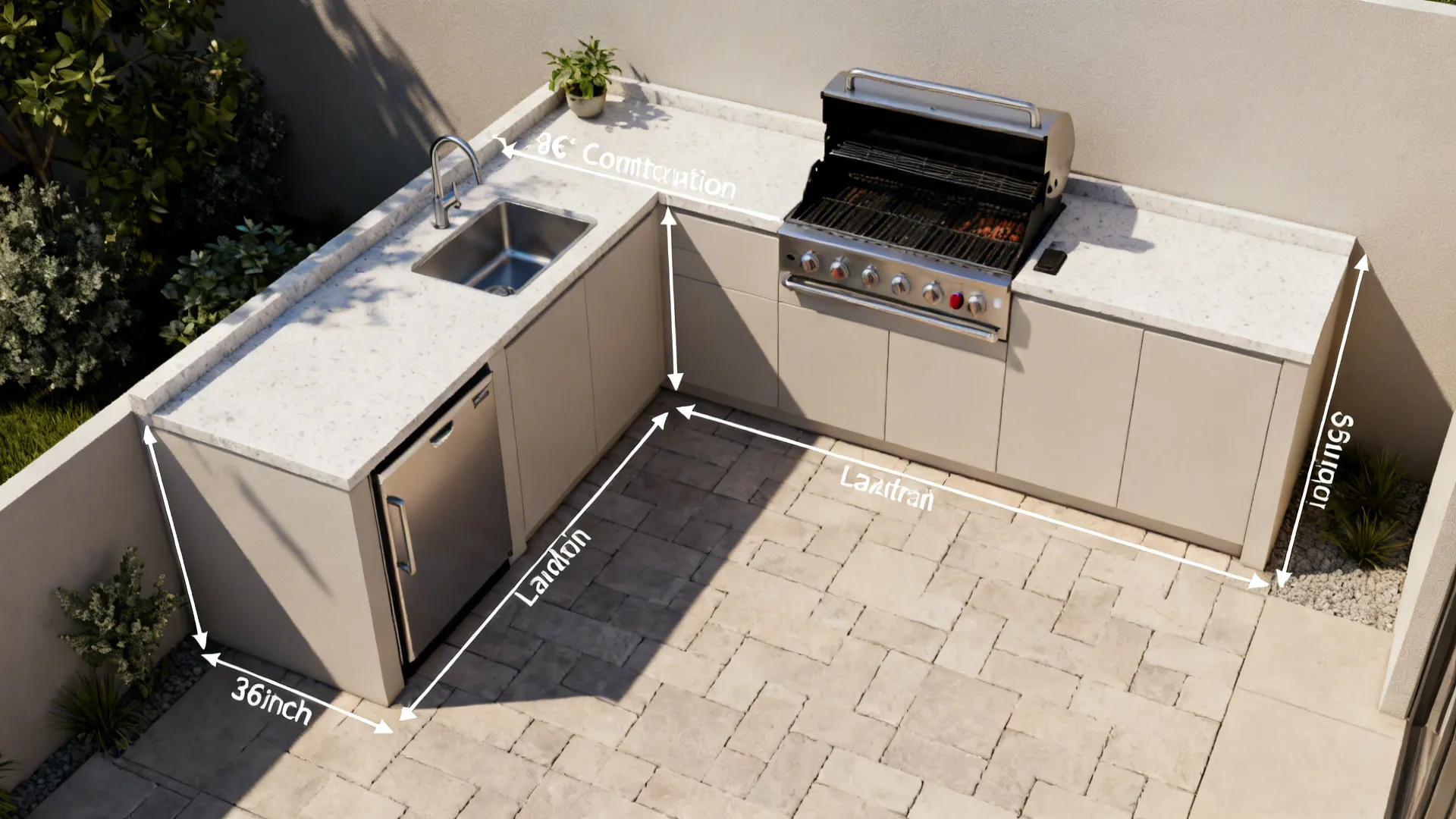 Top-down view of a compact L-shaped outdoor kitchen with clear circulation paths