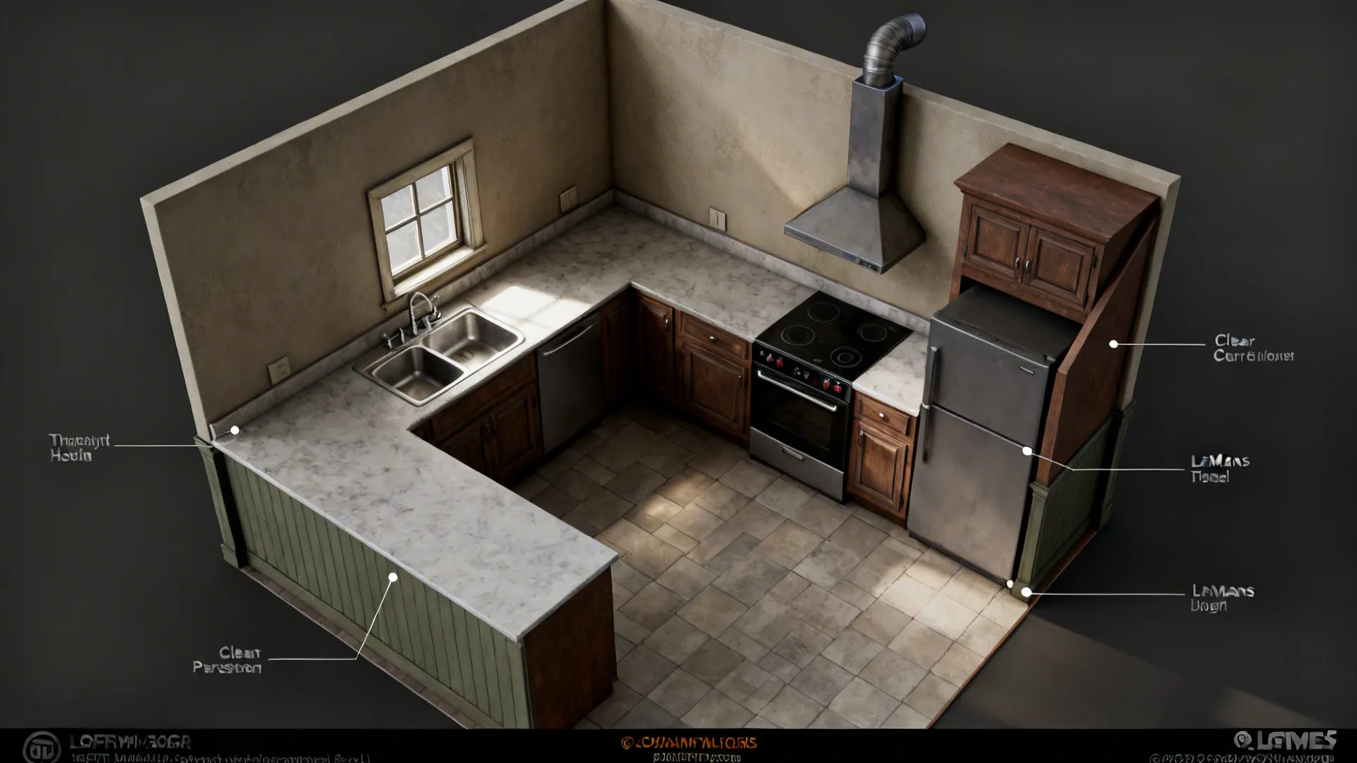 Top-down L-shaped small kitchen plan showing sink on long run and range on short leg with clear circulation.
