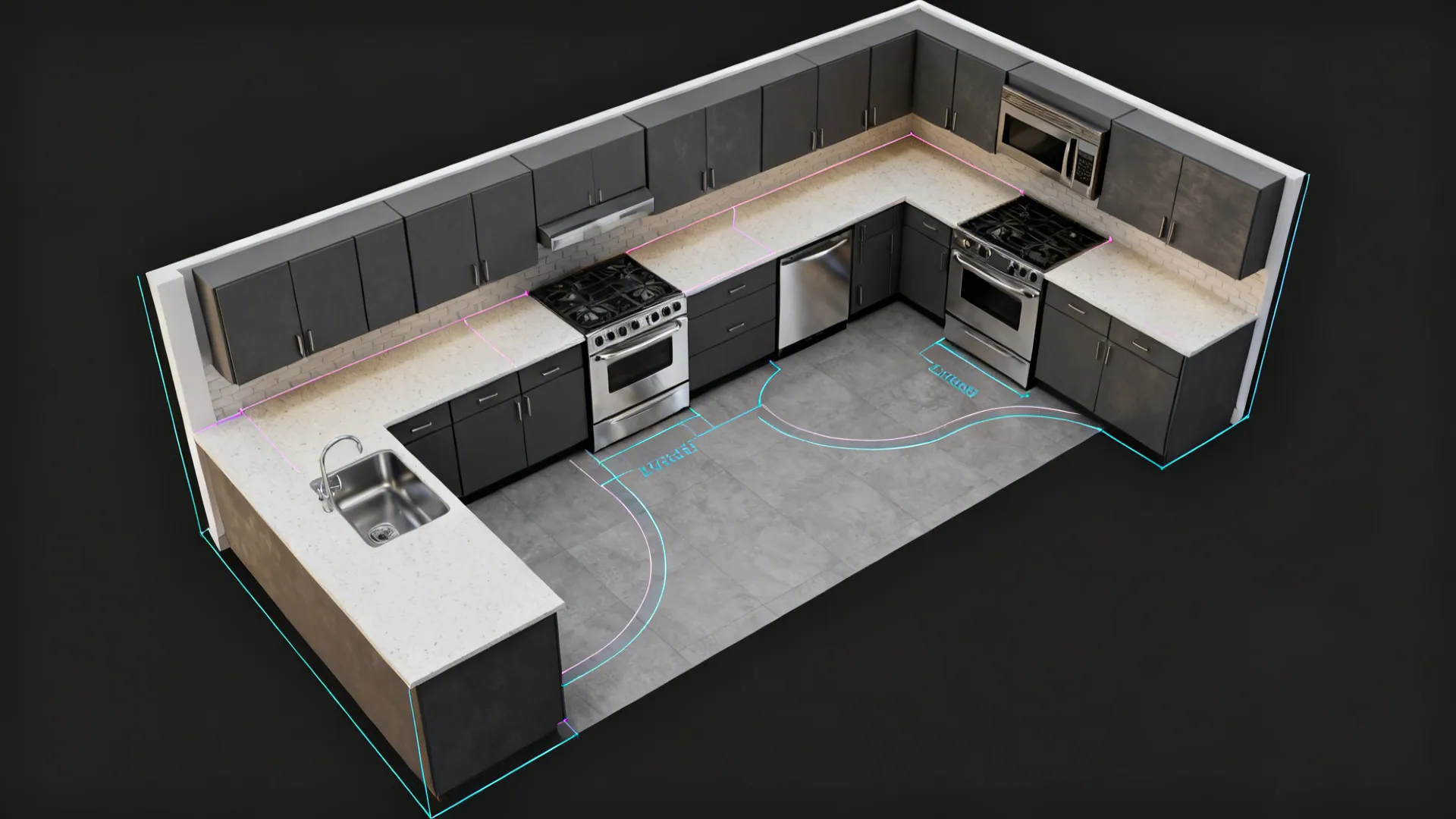 Top-down L-shaped kitchen plan showing zones and clearances.