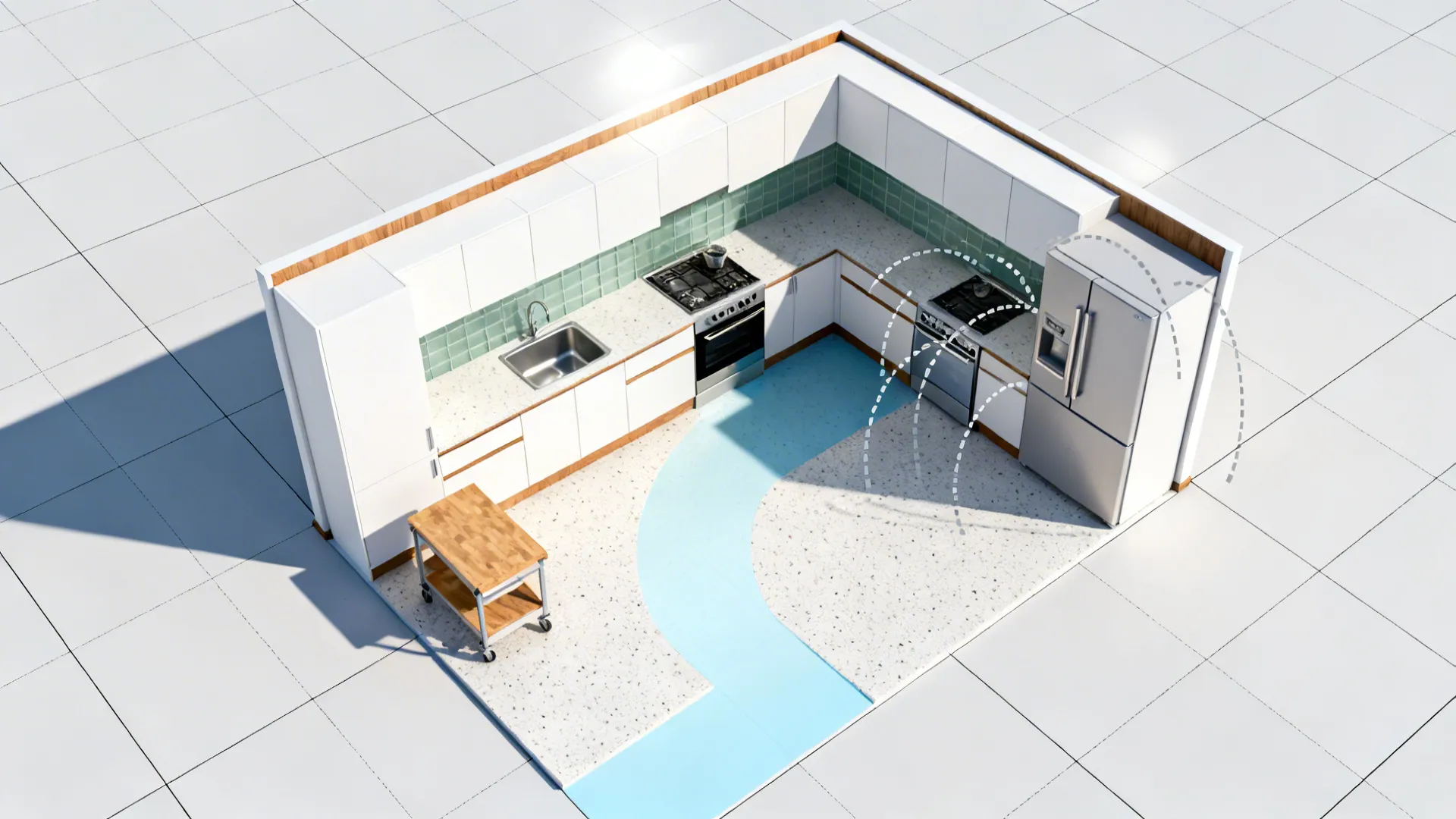 Top-down view of an L-shaped small kitchen showing clear zones and safe door swings.